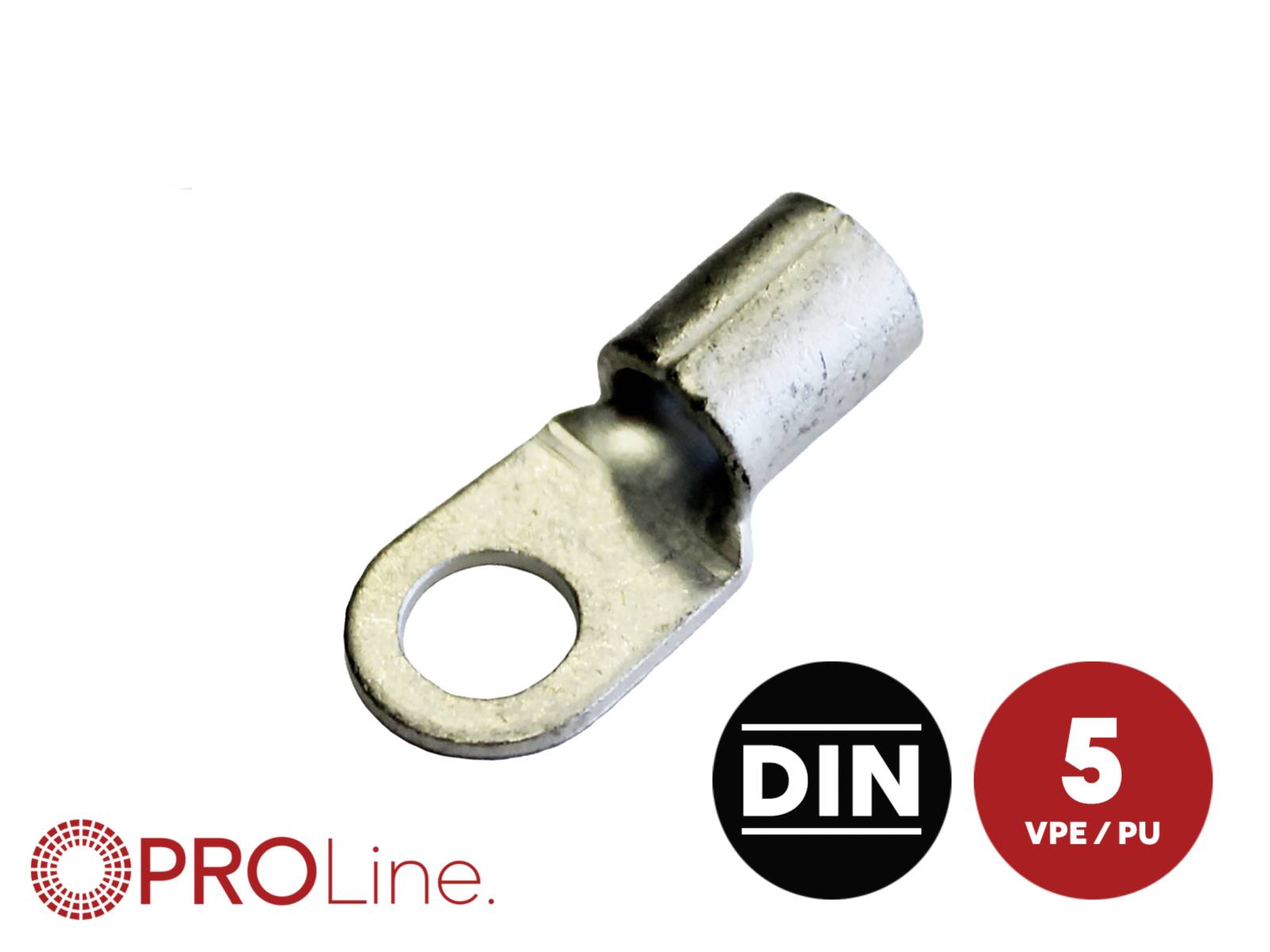 Metallring-Anschllussklemme für elektrische Verdrahtung mit PROLine-Logo und DIN, 5 VPE/PU-Zertifizierungssymbolen.