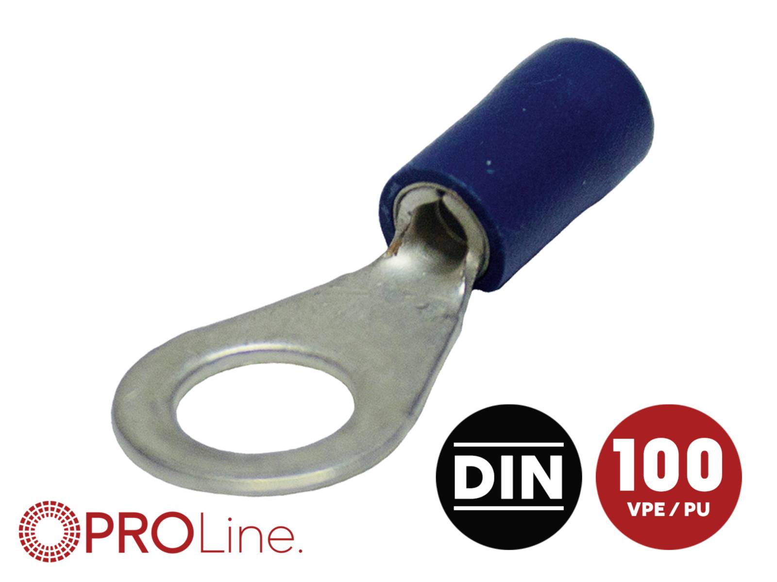 Blue insulated ring terminal connector with metal eyelet, shown with PROLine, DIN, and 100 VPE/PU logos on a white background.
