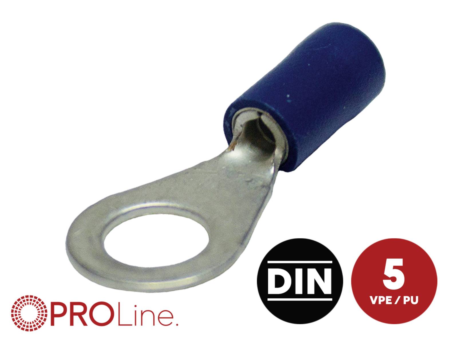Blauer isolierter Ringkabelschuh mit der Bezeichnung DIN 5 VPE/PU, dargestellt auf weißem Hintergrund mit PROLine-Branding.