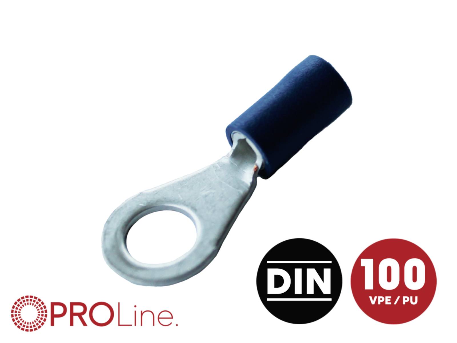 Metal ring terminal connector with insulated blue sleeve, shown with PROLine, DIN, and '100 VPE/PU' logos on a white background.