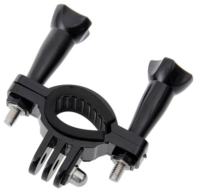 Ein schwarzes Zubehörteil mit Doppelgriffen zur Gerätefixierung, mit verstellbaren Schrauben zur Befestigung, konzipiert für vielseitige Ausrüstungsnutzung.