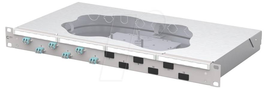 Ein Faseroptik-Patchfeld mit mehreren Anschlüssen und Steckverbindern, entwickelt zur Organisation und Verwaltung von Faseroptikkabeln in Netzwerk-Installationen.