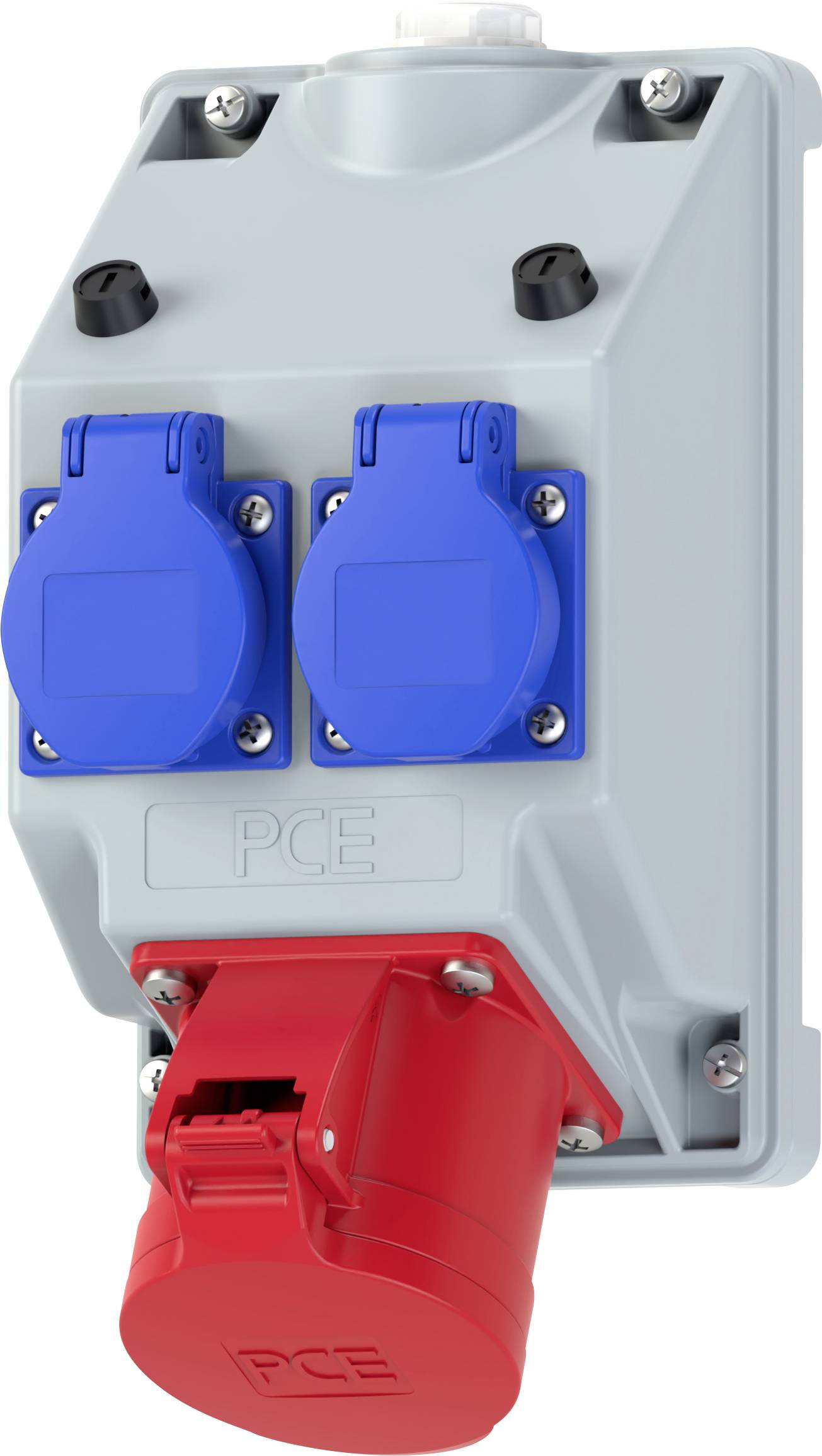 Ein graues Stromverteilerpanel mit zwei blauen Steckdosen und einer roten Steckdose. Der Markenname „PCE