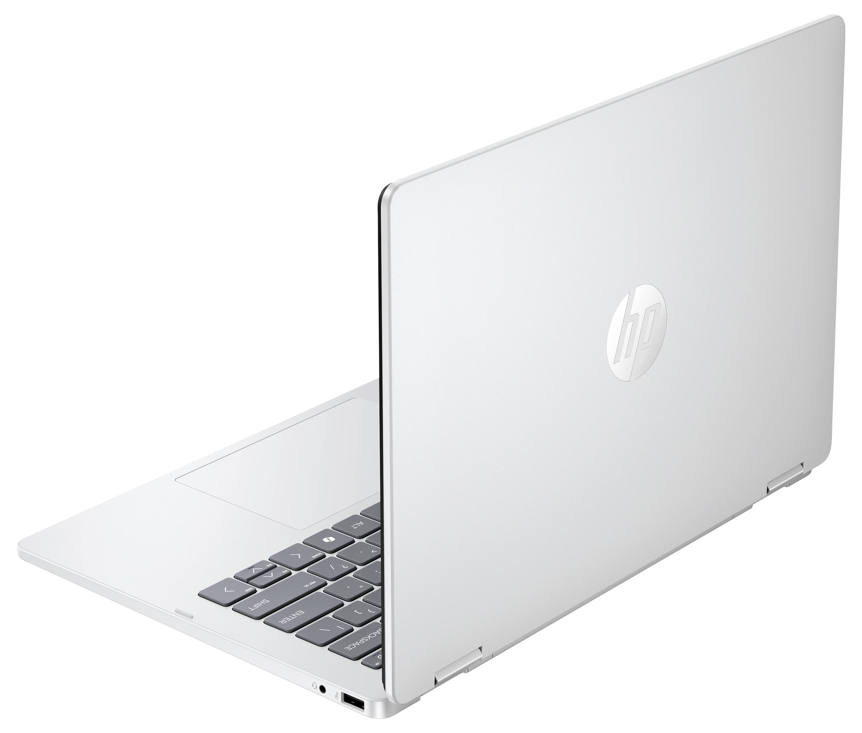 Ein schlanker, silberner Laptop mit dünnem Design, von der hinteren linken Seite betrachtet, mit geöffnetem Deckel und teilweise sichtbarer Tastatur.