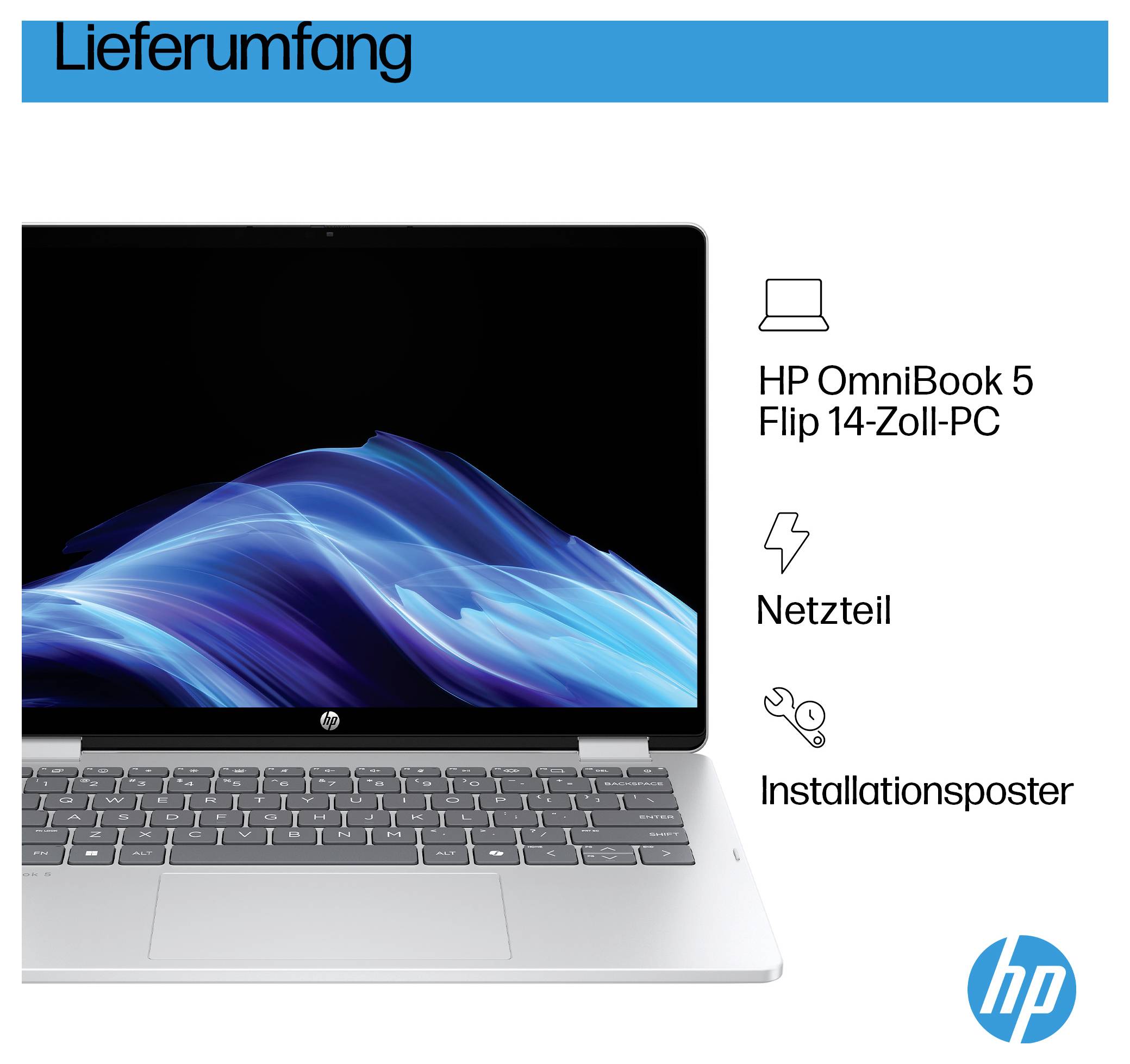 Lieferumfang eines HP OmniBook 5 Flip 14-Zoll-PCs inkl. Netzteil und Installationsposter.