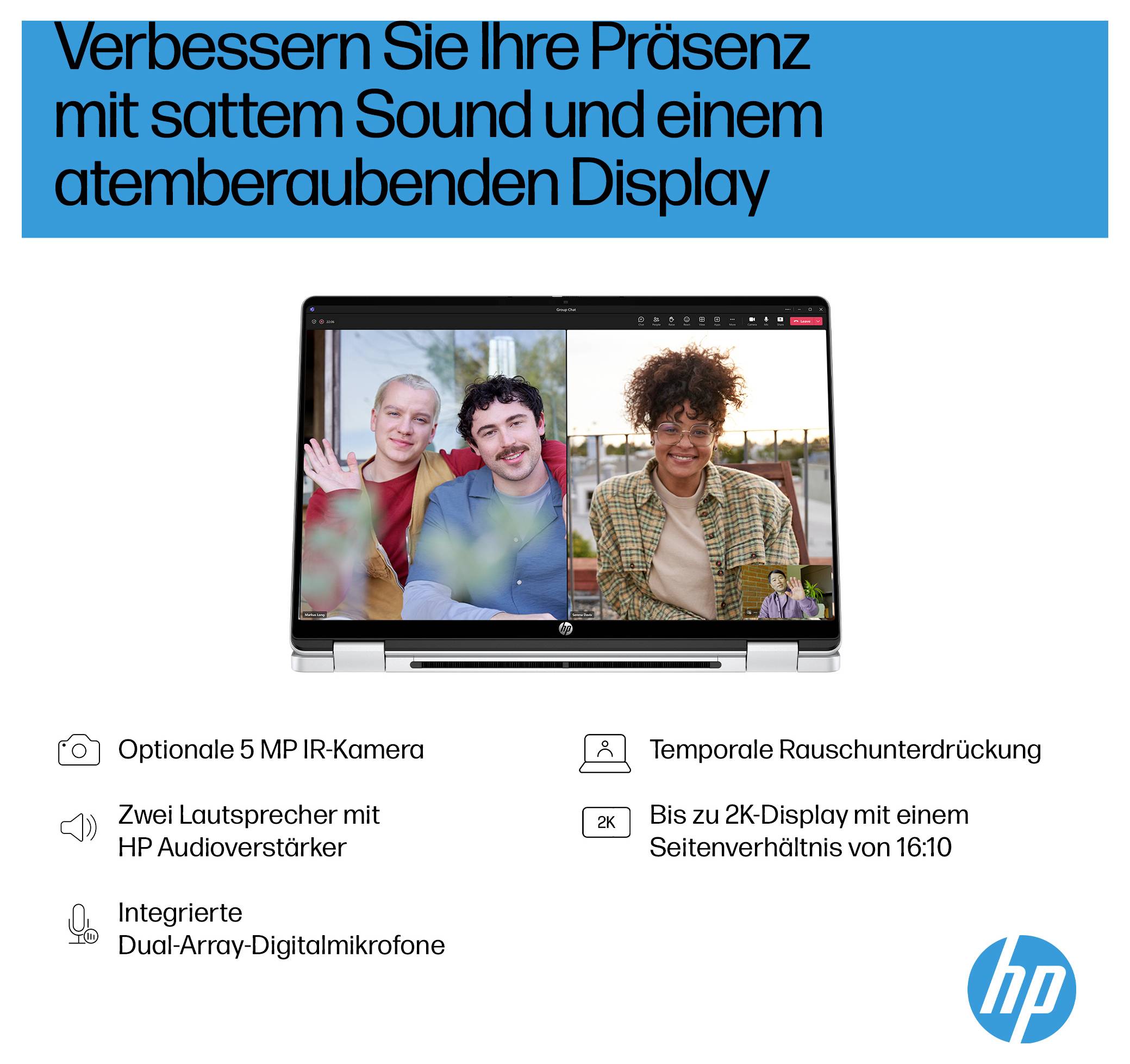 Drei Personen lächeln in die Kamera eines HP Laptops. Text beschreibt Funktionen wie 5 MP IR-Kamera, 2K-Display und Dual-Array-Mikrofone.