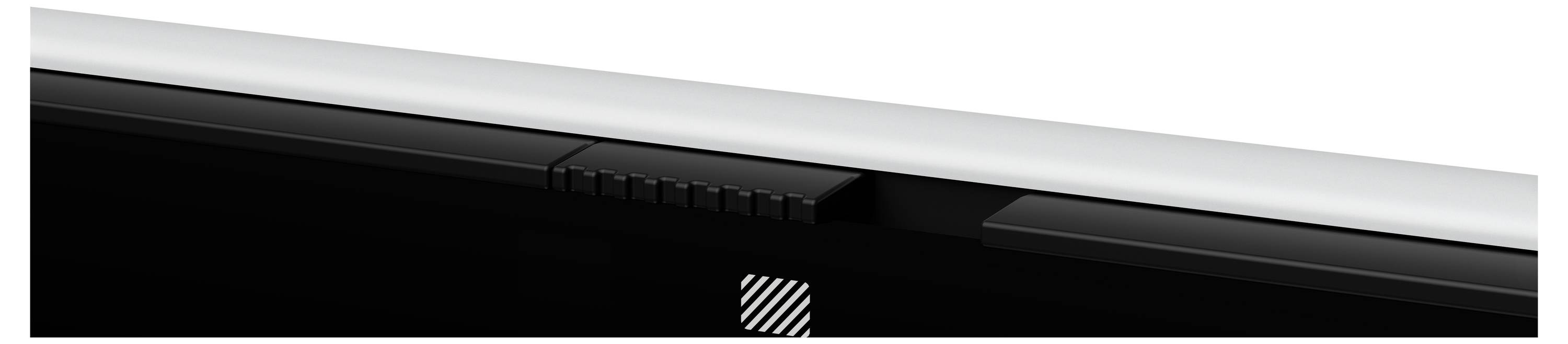 Nahaufnahme des Scharniermechanismus eines Laptops, der ein schwarzes Scharnier zeigt, das den Bildschirm und die Basis verbindet, mit einem sichtbaren Teil des Laptop-Gehäuses.