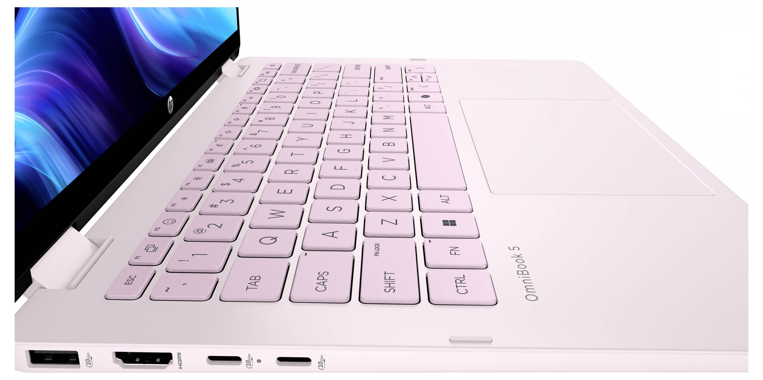 Ein rosa Laptop mit einer QWERTY-Tastatur, mehreren Anschlüssen an der Seite und einem Bildschirm, der ein blaues und lila abstraktes Design anzeigt.