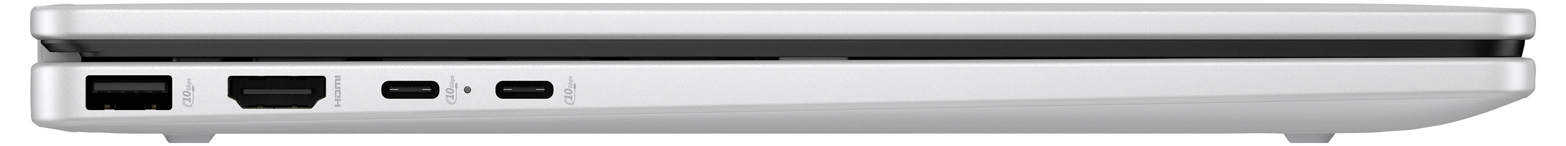 Seitenansicht eines geschlossenen silbernen Laptops, der mehrere Anschlüsse auf der linken Seite zeigt, darunter USB und HDMI, mit einem schlanken, kompakten Design.