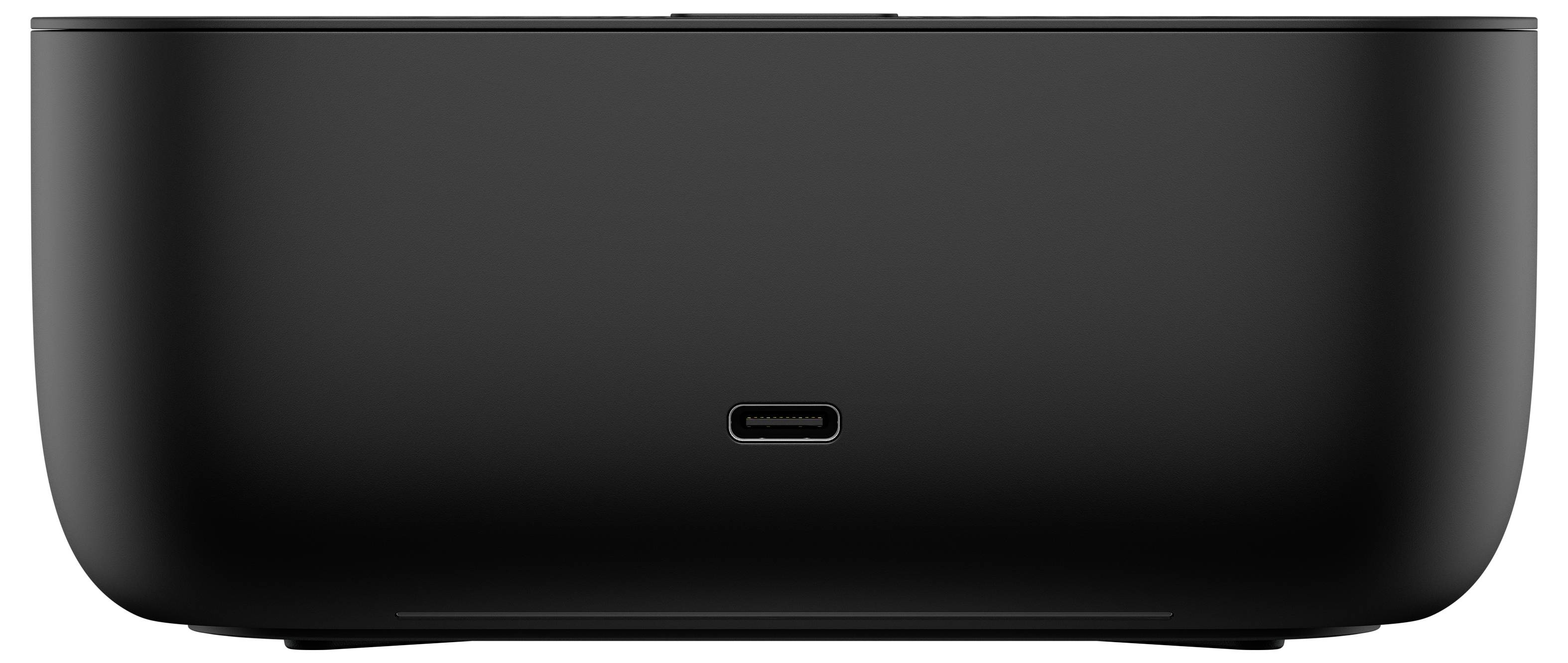 „Schwarzes elektronisches Gerät mit einem einzelnen USB-C-Anschluss in der Mitte der Unterseite, von vorne betrachtet, mit minimalistische Design.