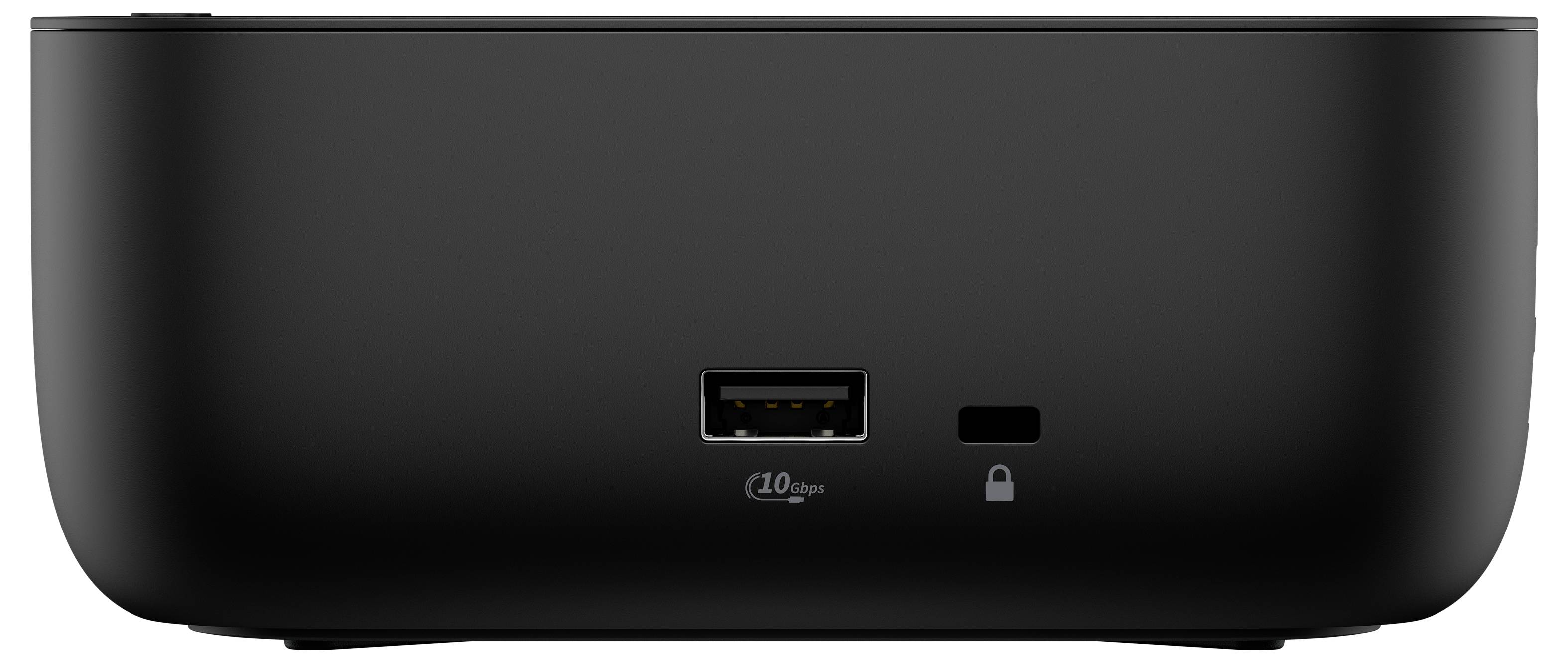 Ein schwarzes elektronisches Gerät mit einem USB-Anschluss und einem Schlosssymbol auf der Vorderseite, das auf mögliche Konnektivitäts- und Sicherheitsfunktionen hindeutet.