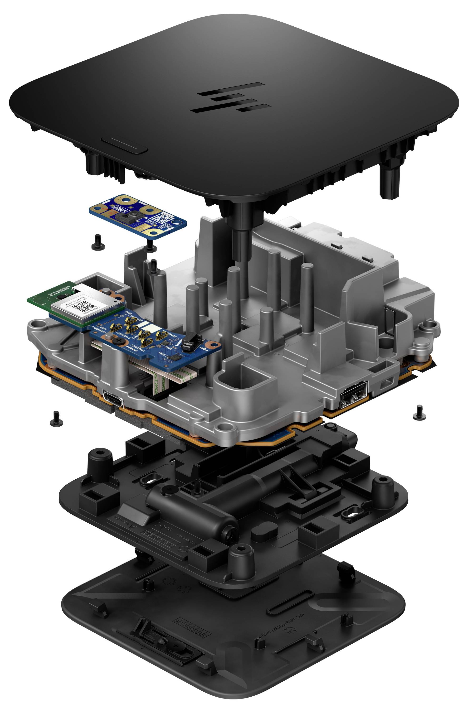 Explodierte Ansicht eines elektronischen Geräts, das interne Komponenten zeigt, einschließlich Leiterplatten und Steckverbinder, die die Montagestruktur verdeutlichen.