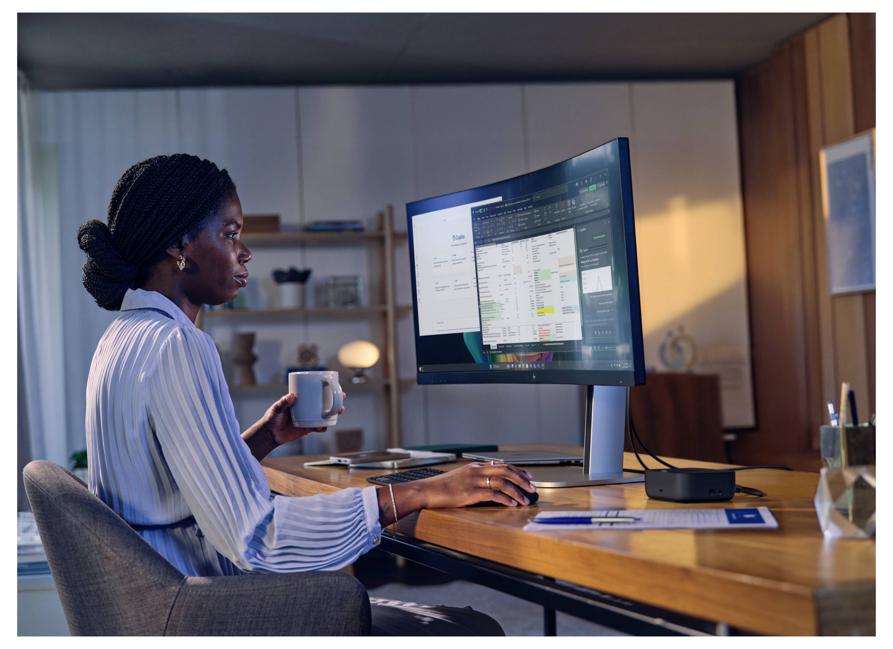 Eine Person sitzt an einem Schreibtisch und arbeitet an einem Computer, während sie eine Kaffeetasse hält. Der Bildschirm zeigt ein offenes Dokument in einem organisierten Arbeitsbereich.