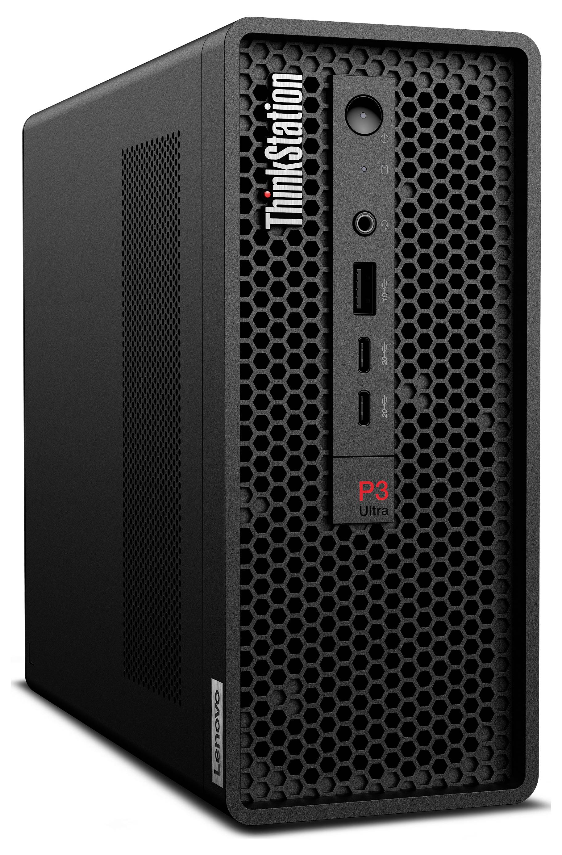 Ein schwarzer Lenovo ThinkStation P3 Desktop-Computer mit belüftetem Frontpanel mit Anschlüssen und Tasten.