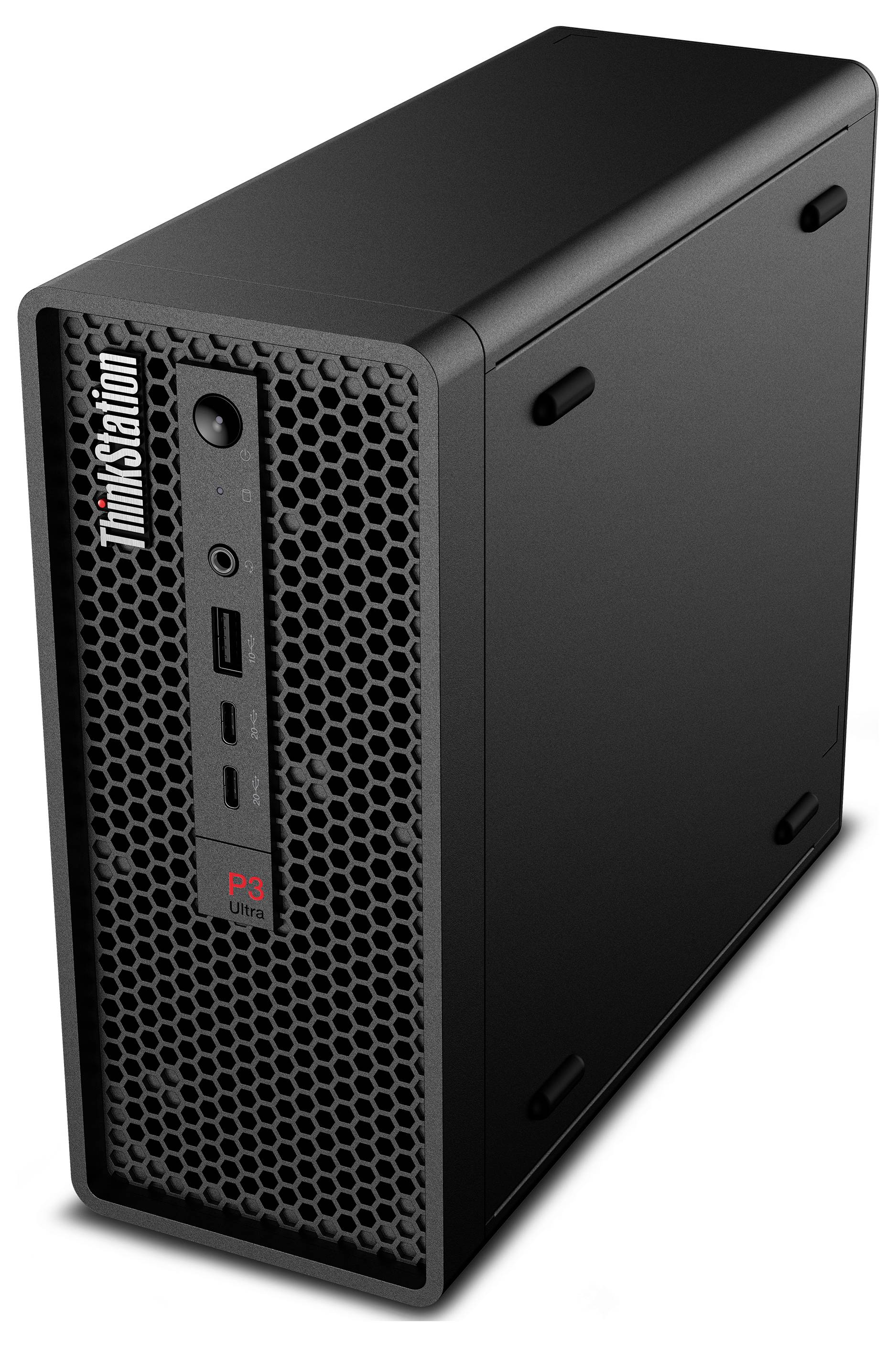 „Ein kompakter schwarzer Desktop-Computer mit einer wabengemusterten Frontplatte, ausgestattet mit USB-Anschlüssen und einem Netzschalter. Mit der Bezeichnung ‚ThinkStation P3'.