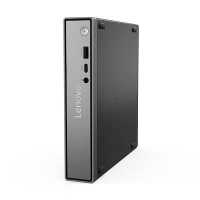 Ein Lenovo Mini-Desktop-Computer, schwarz mit einer grauen Frontplatte, die einen Netzschalter, zwei USB-Anschlüsse, einen Audioanschluss und das Lenovo-Logo aufweist.