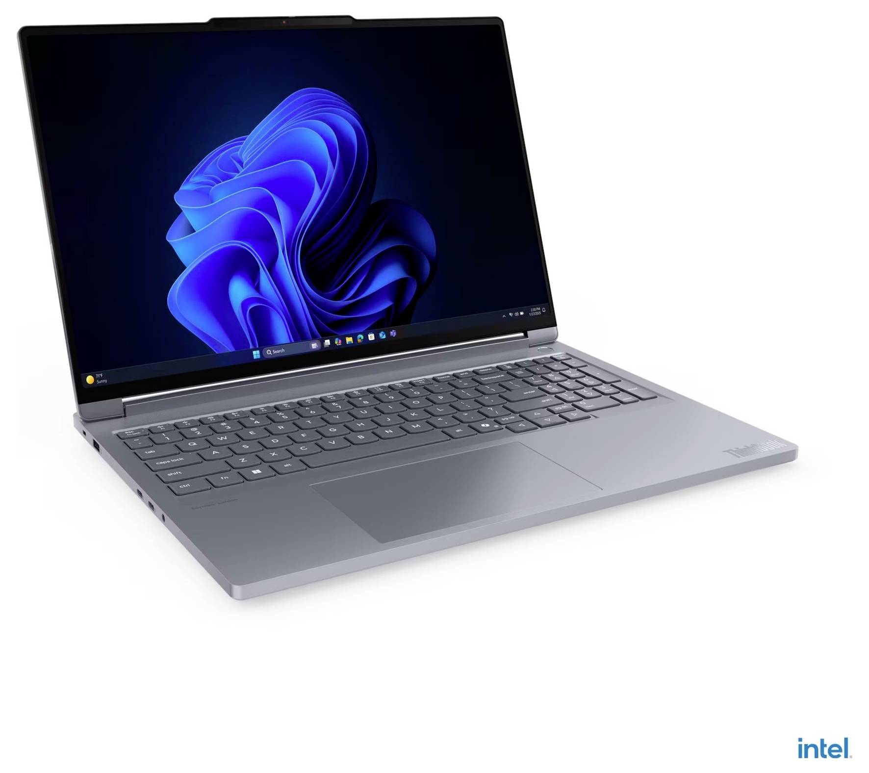 Ein silberner Laptop, auf dessen Bildschirm eine blaue abstrakte Form angezeigt wird, die eine Windows-Betriebssystem-Oberfläche symbolisiert.