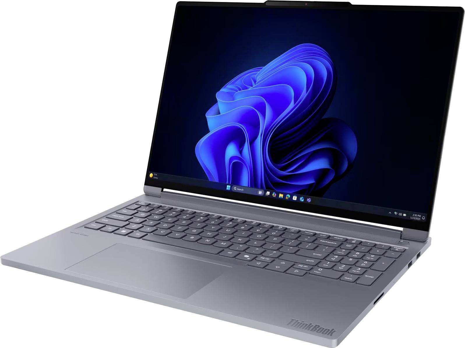 Ein eleganter silberfarbener Laptop, auf dessen Bildschirm ein blaues, wirbelndes abstraktes Design angezeigt wird. Die Tastatur und das Touchpad sind sichtbar, mit einer dünnen Blende.