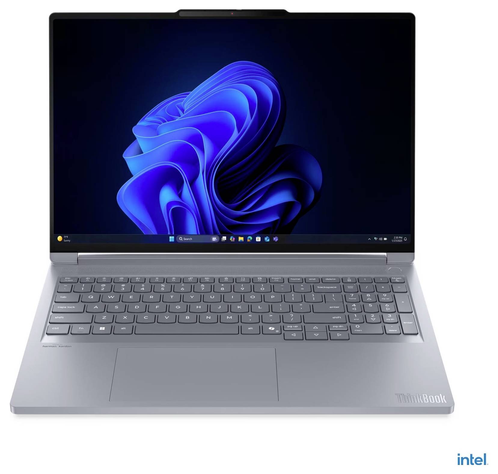 Ein eleganter, moderner Laptop mit großem Display, das den Windows-11-Desktop anzeigt. Ein sichtbares Intel-Logo befindet sich in der unteren rechten Ecke.