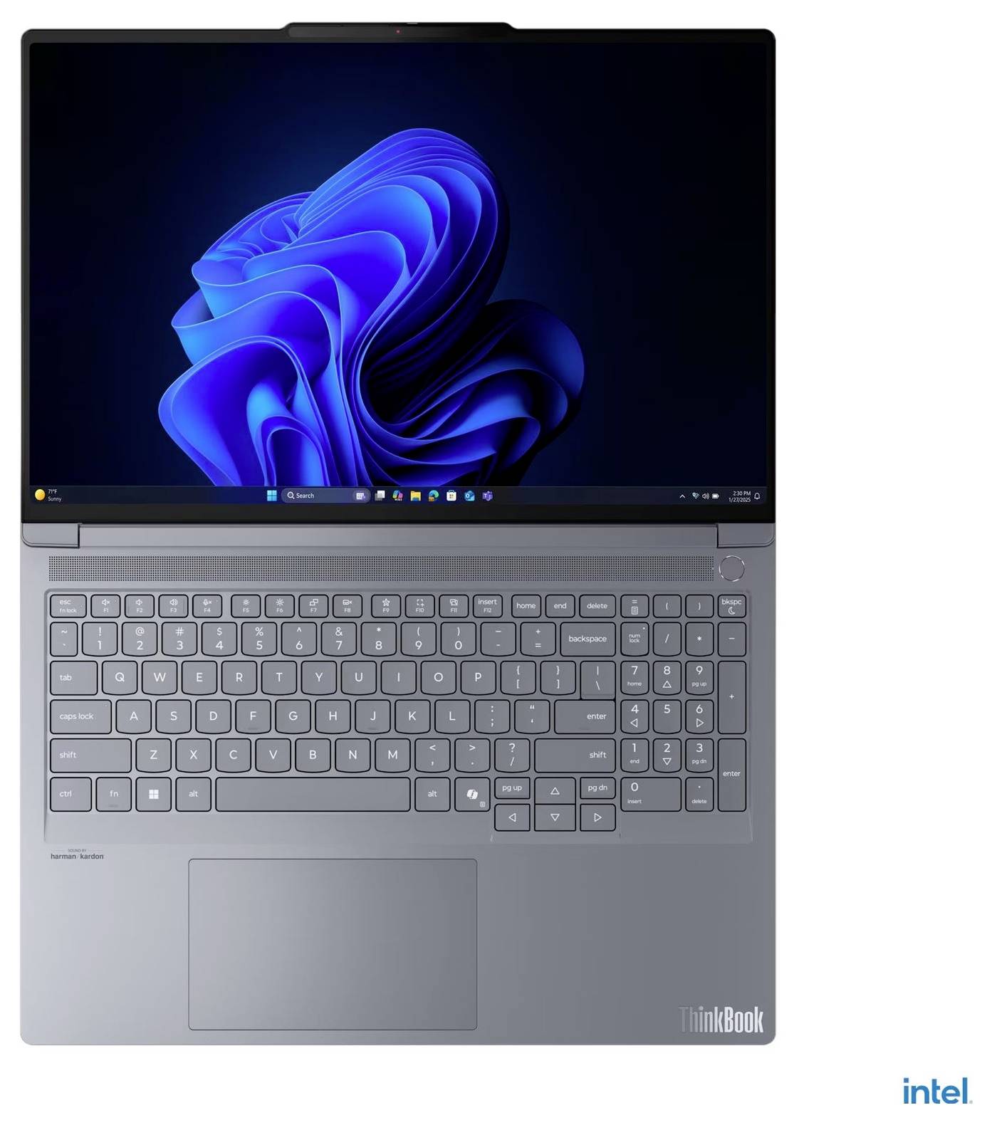 Ein eleganter grauer Laptop mit angezeigtem Windows-11-Startbildschirm. Er verfügt über eine vollständige Tastatur und ein Intel-Logo in der unteren rechten Ecke.