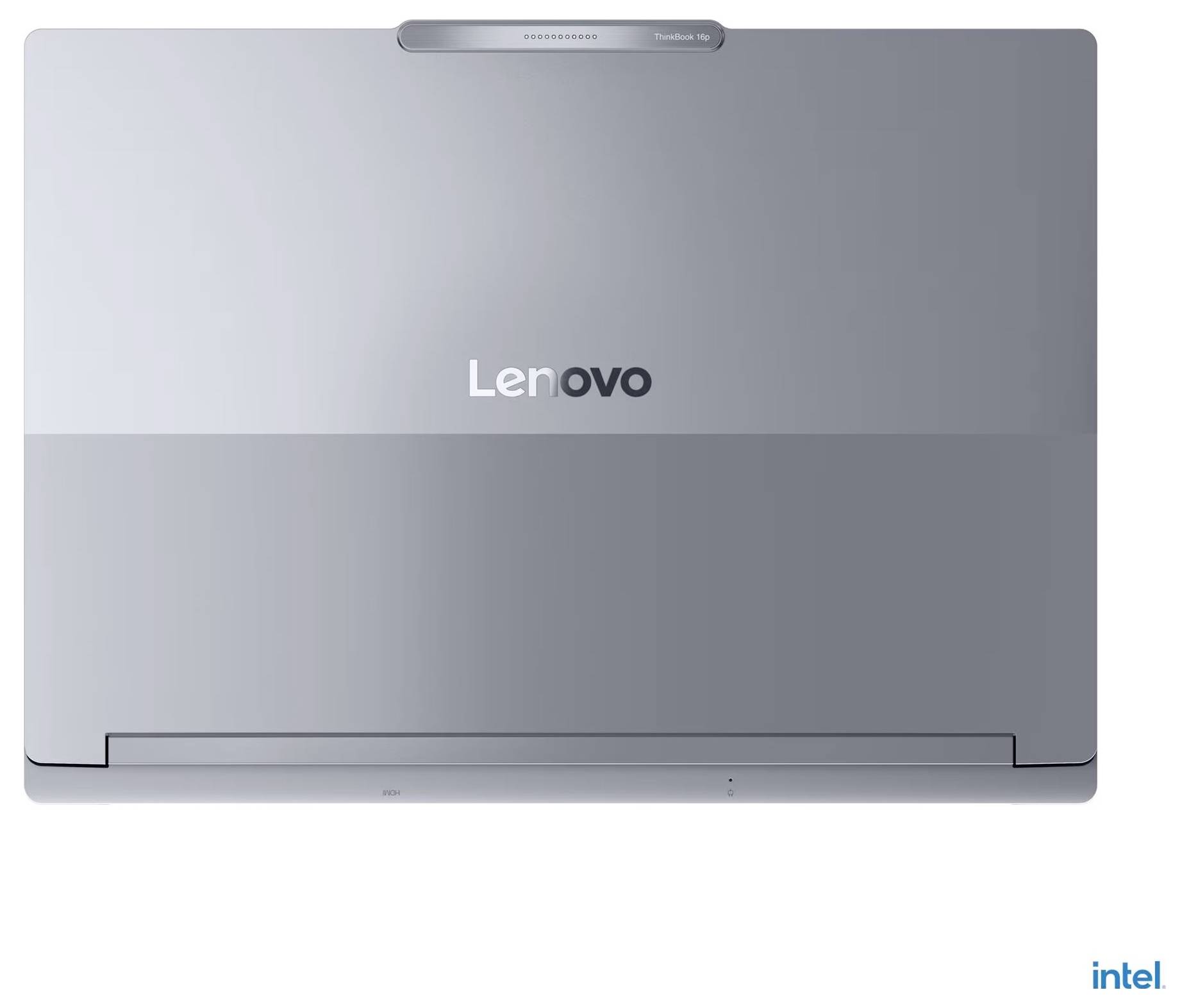 Das Bild zeigt einen geschlossenen Lenovo-Laptop mit einem „ThinkBook"-Etikett am Scharnier, mit elegantem silbernem Design und Intel-Branding.