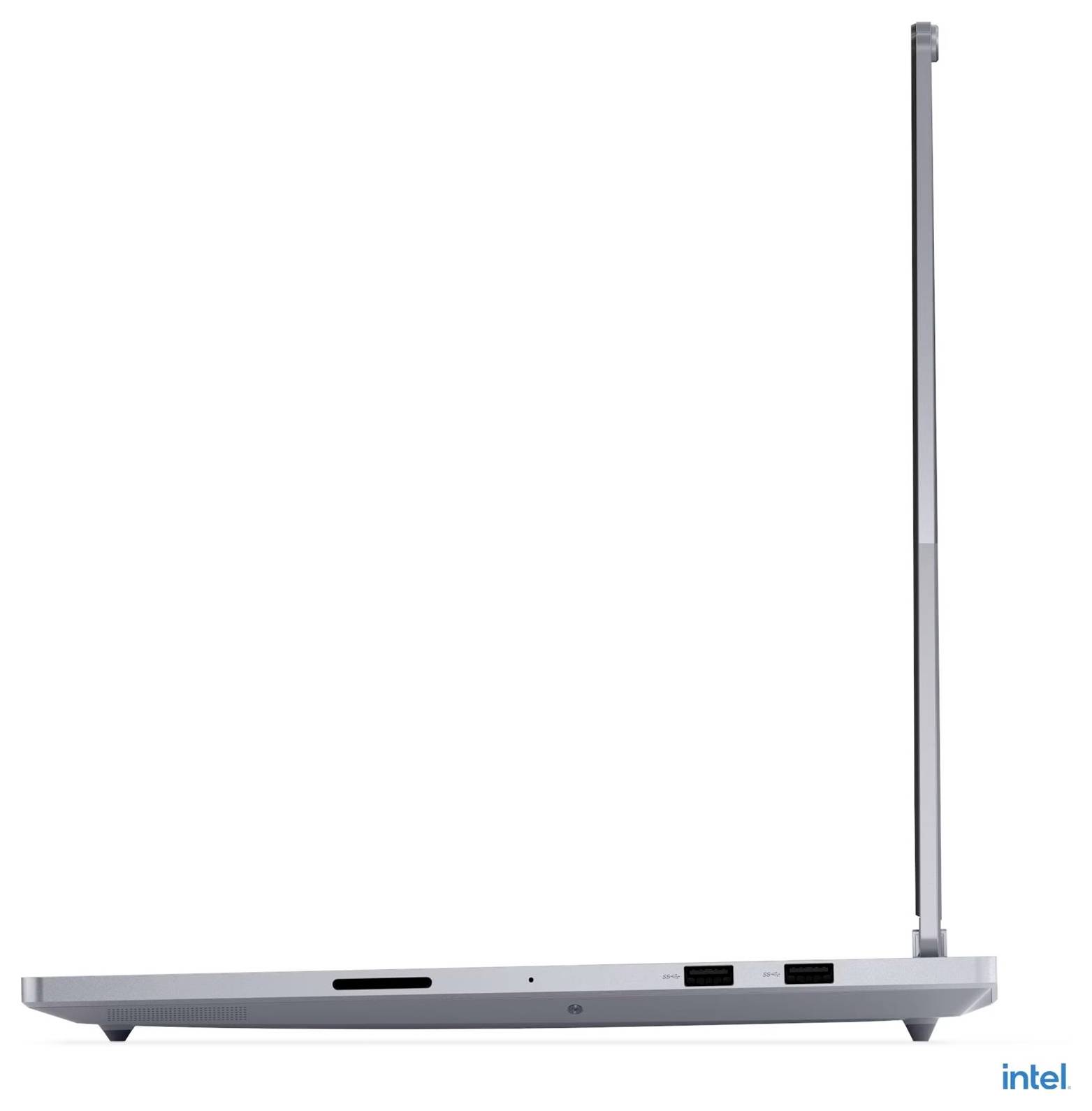 Ein eleganter, silberner Laptop, von der Seite gezeigt, teilweise geöffnet, um das schlanke Design zu enthüllen; das Logo "Intel" wird in der unteren rechten Ecke angezeigt.