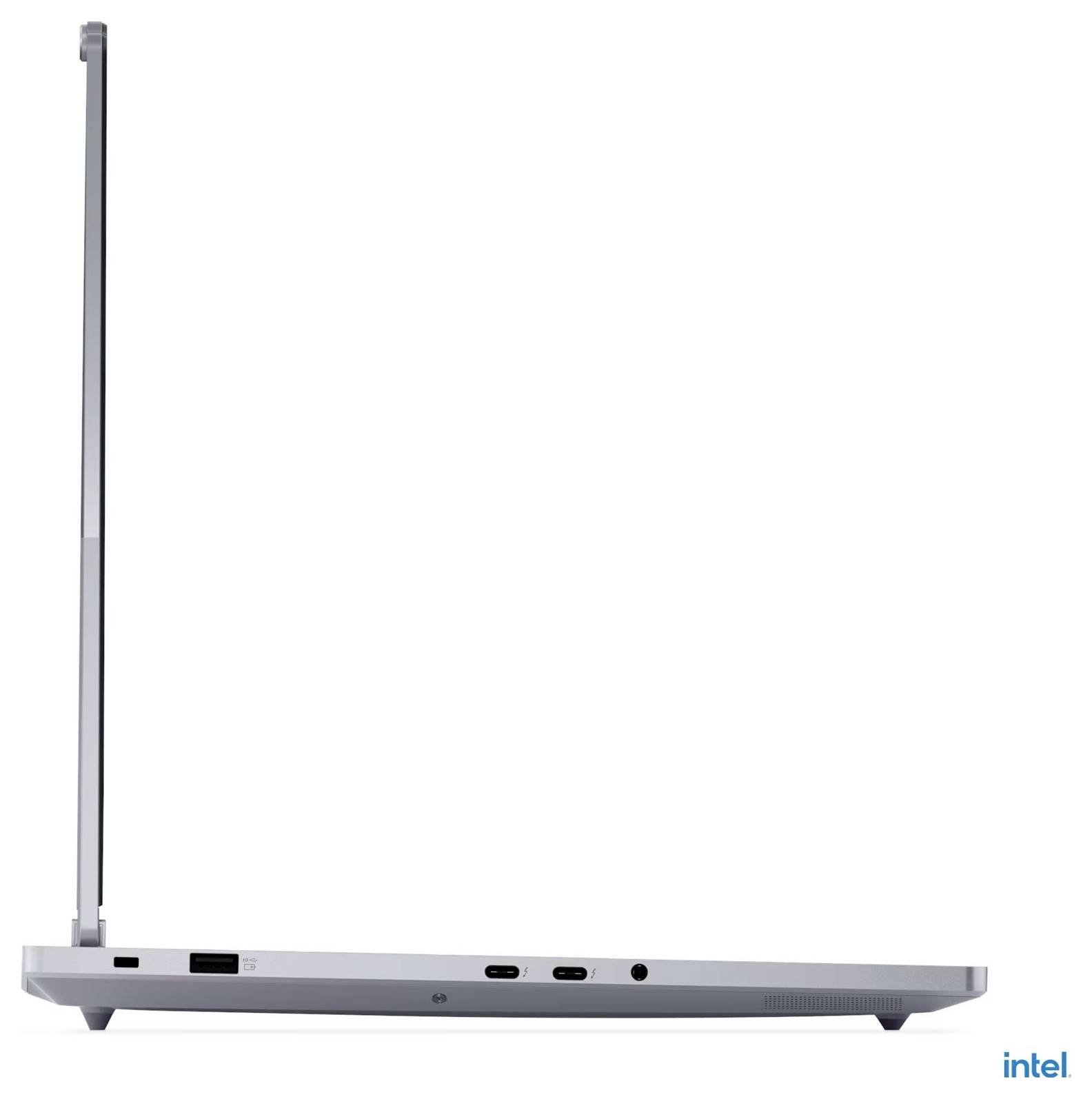 Ein von der Seite betrachteter Laptop, der ein dünnes Profil mit mehreren Anschlüssen zeigt, darunter USB und HDMI an seiner Kante.