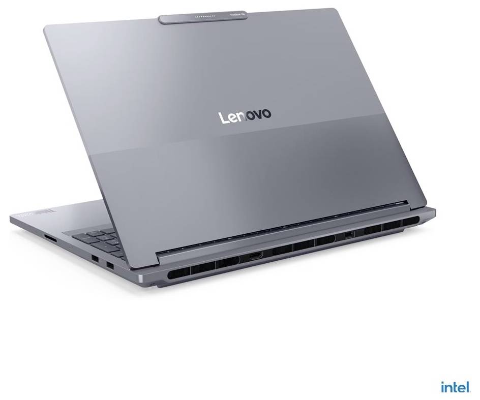 Lenovo-Laptop, teilweise offen, zeigt sein Logo auf der Rückseite des Bildschirms; verfügt über ein elegantes Design mit sichtbaren Belüftungsöffnungen.