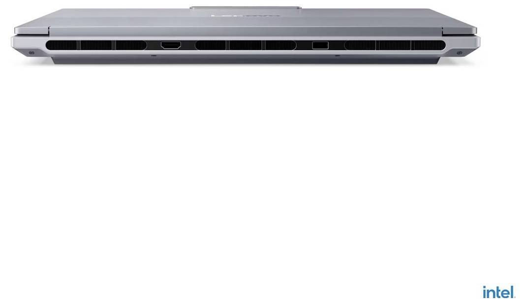 Ein geschlossener silberner Laptop, von hinten betrachtet, mit mehreren Anschlüssen an der Kante; das "Intel"-Logo ist in der Ecke sichtbar.