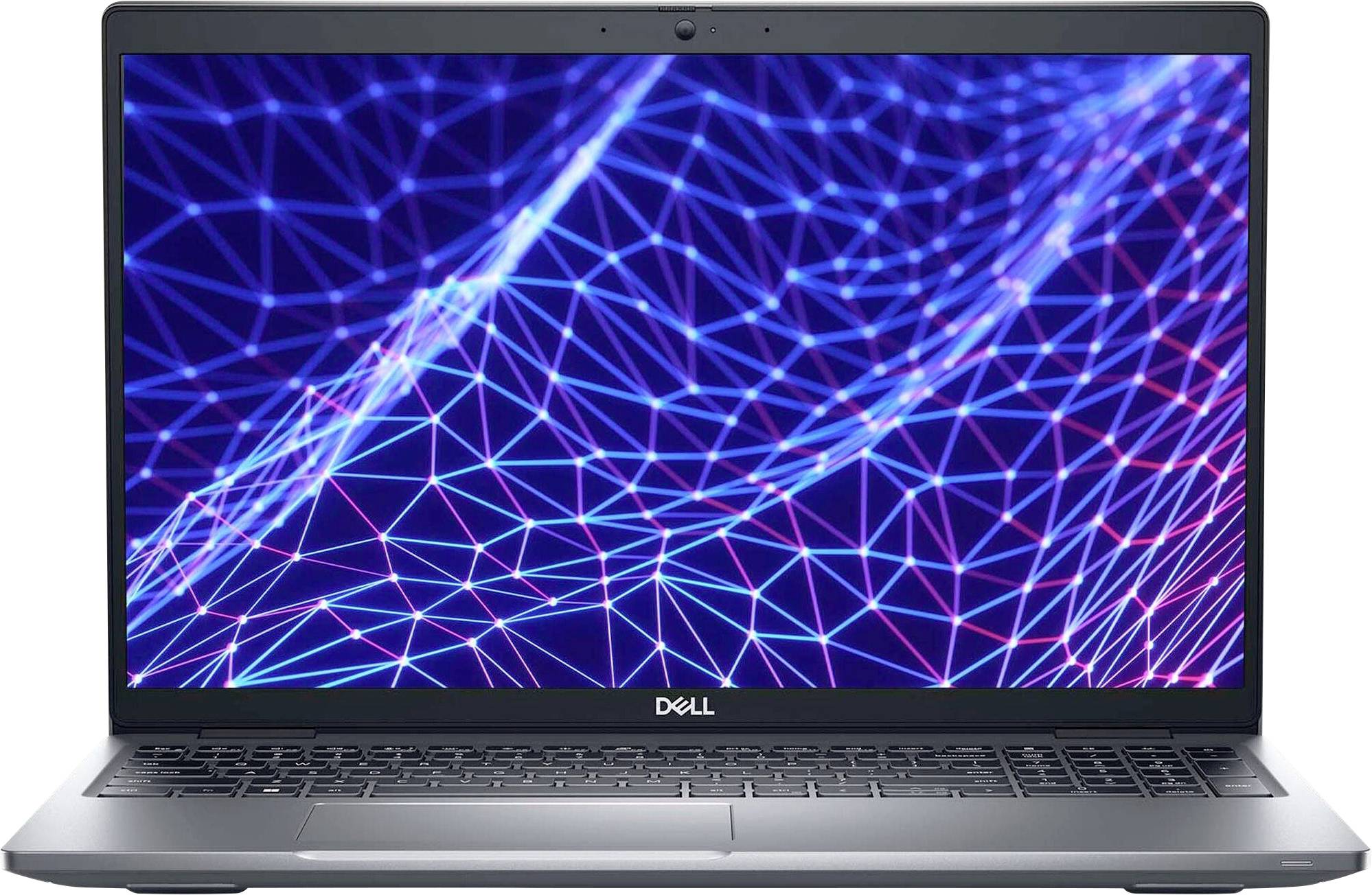 Ein Laptop, auf dessen Bildschirm ein lebendiges digitales Netzwerk aus miteinander verbundenen leuchtenden Linien angezeigt wird, mit dem Dell-Logo auf der Blende darunter.