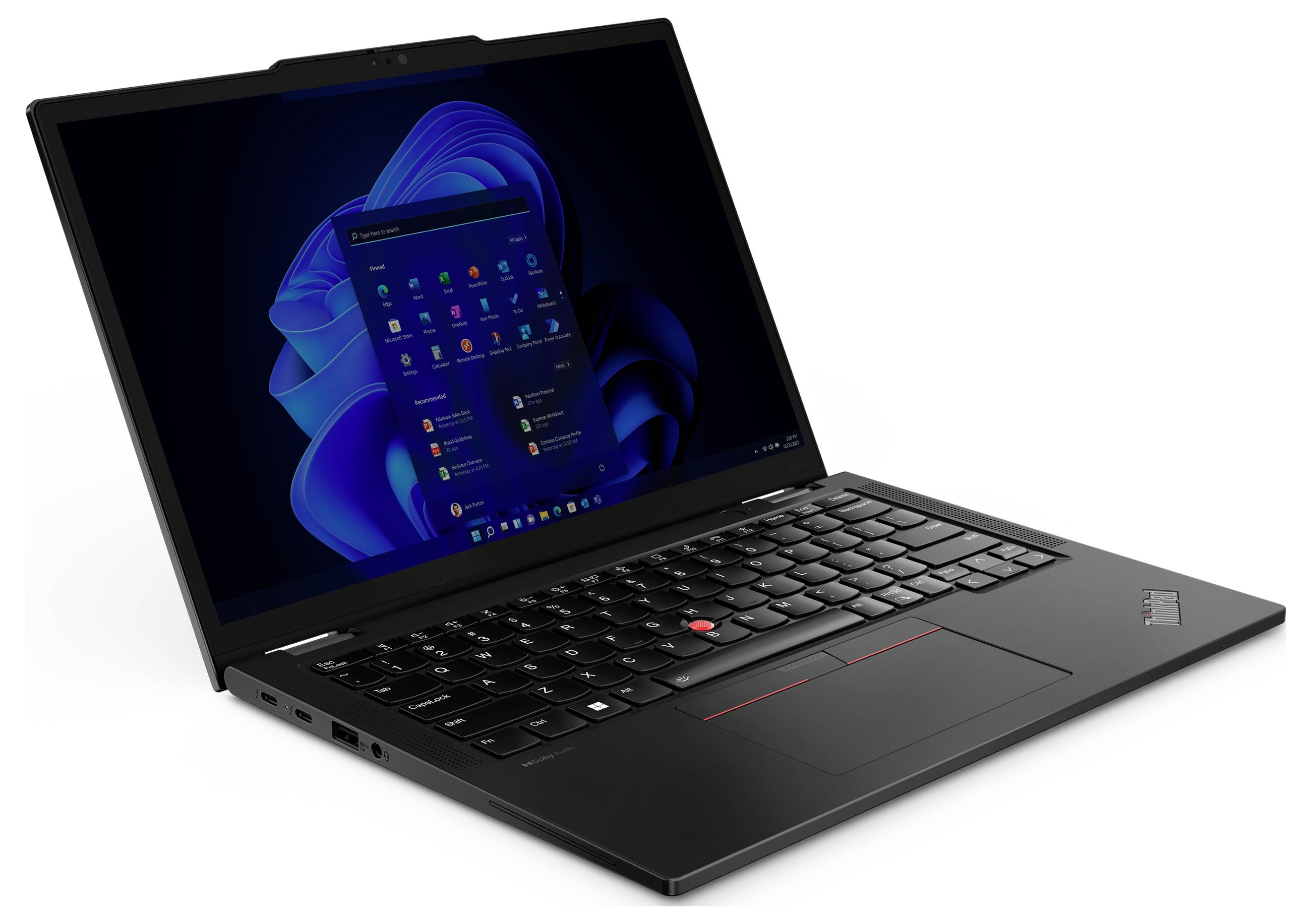 Schwarzer Laptop mit blauem Bildschirm und sichtbarer Tastatur, auf dem das Windows-Betriebssystem angezeigt wird, mit einem offenen Startmenü, das App-Symbole zeigt.