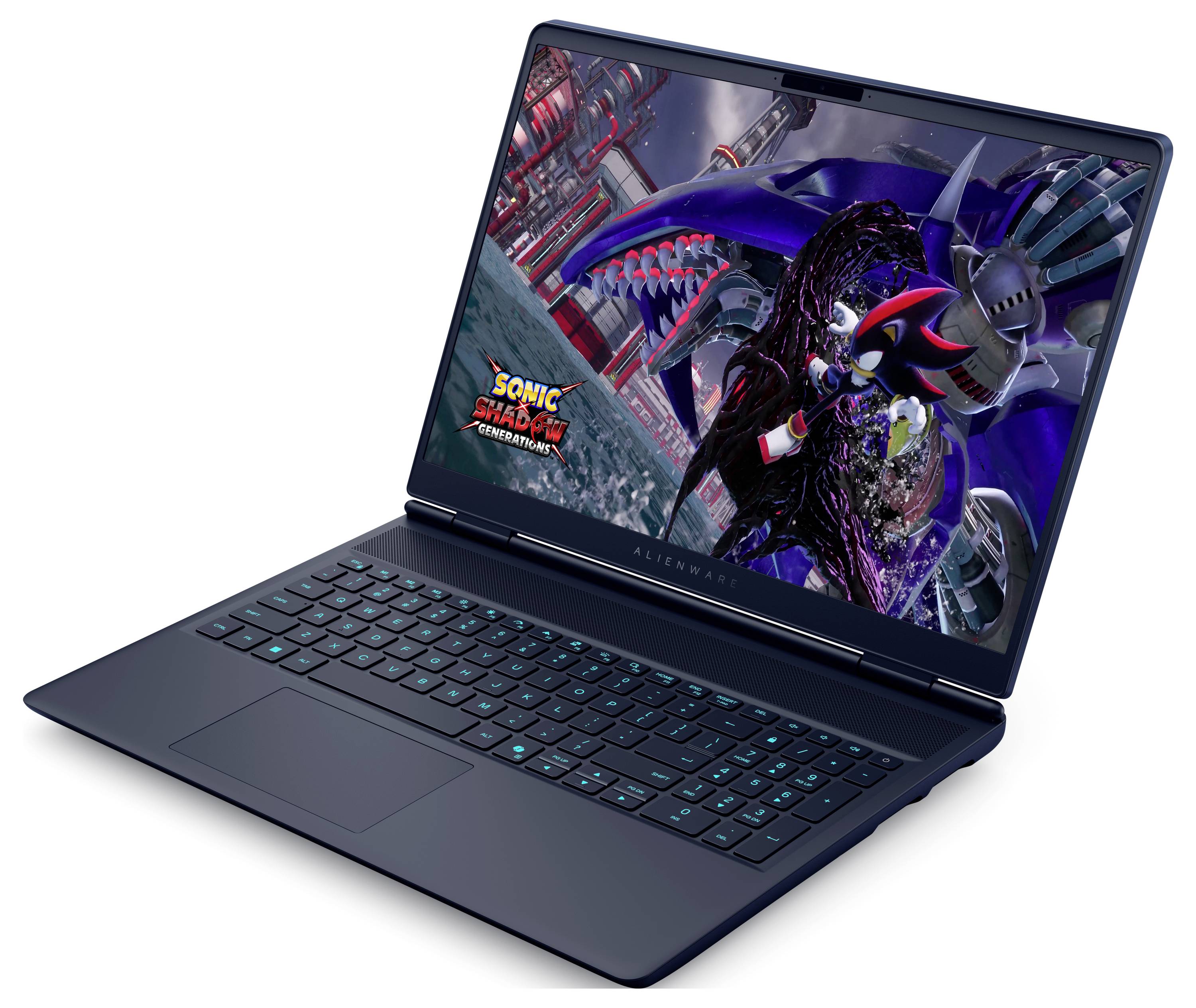 Ein Laptop, der einen Spielbildschirm mit einer futuristischen Stadtlandschaft und dem Text 