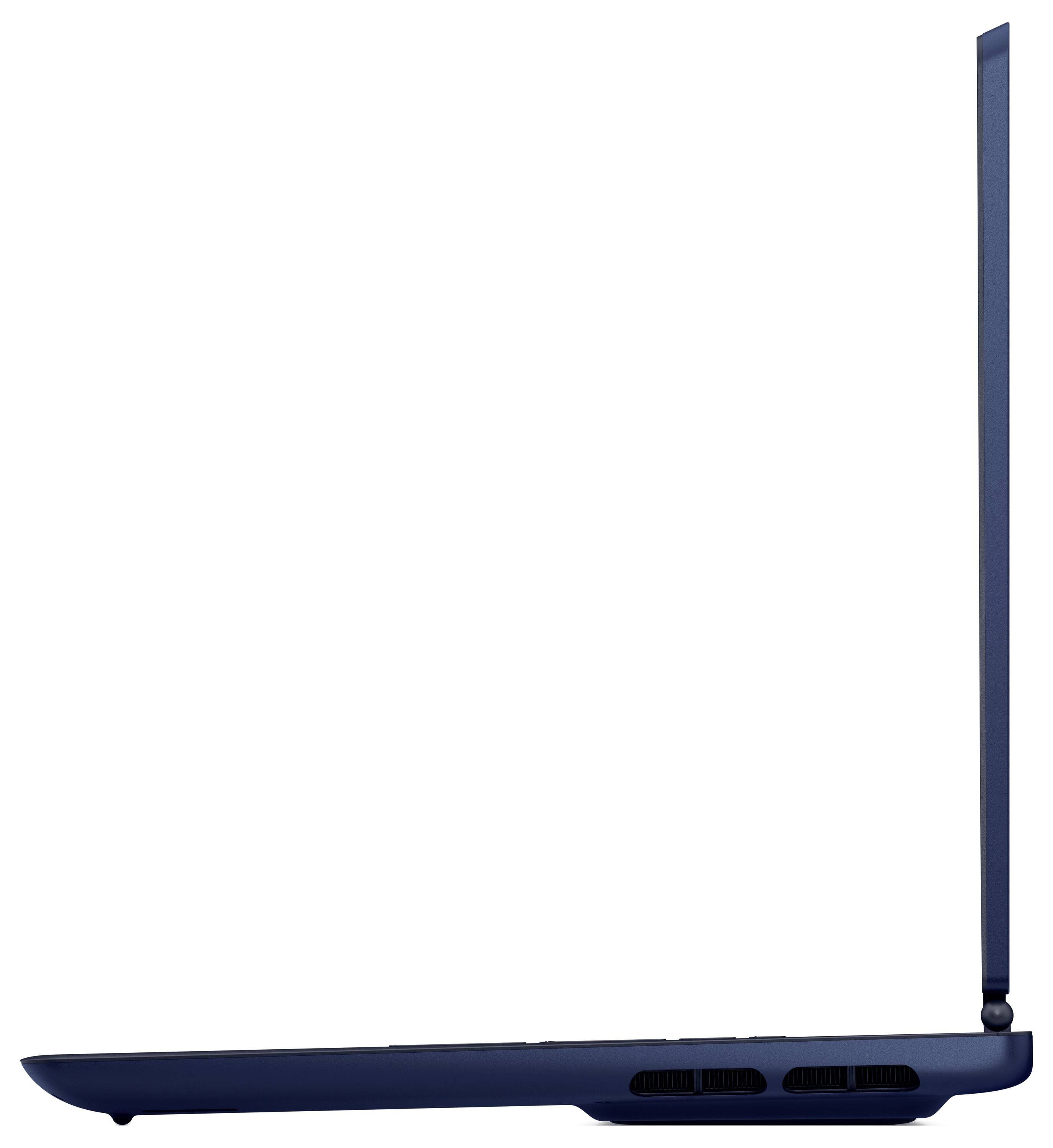 Ein schlanker dunkelblauer Laptop, teilweise geöffnet, von der Seite betrachtet, der sein dünnes Design zeigt.