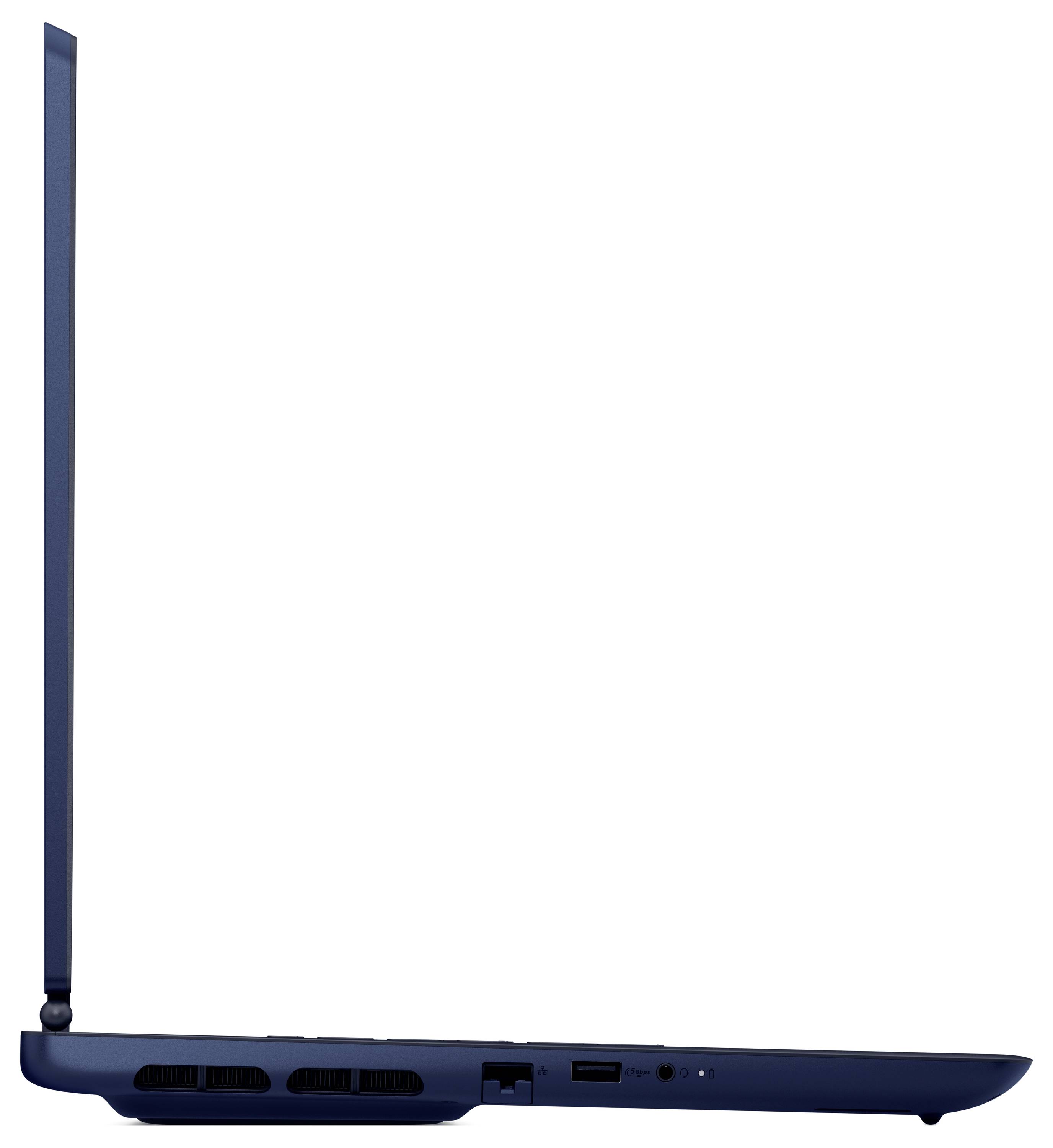Eine Seitenansicht eines offenen blauen Laptops, die sein dünnes Profil und die Anschlüsse an der Seite zeigt und das moderne, elegante Design veranschaulicht.