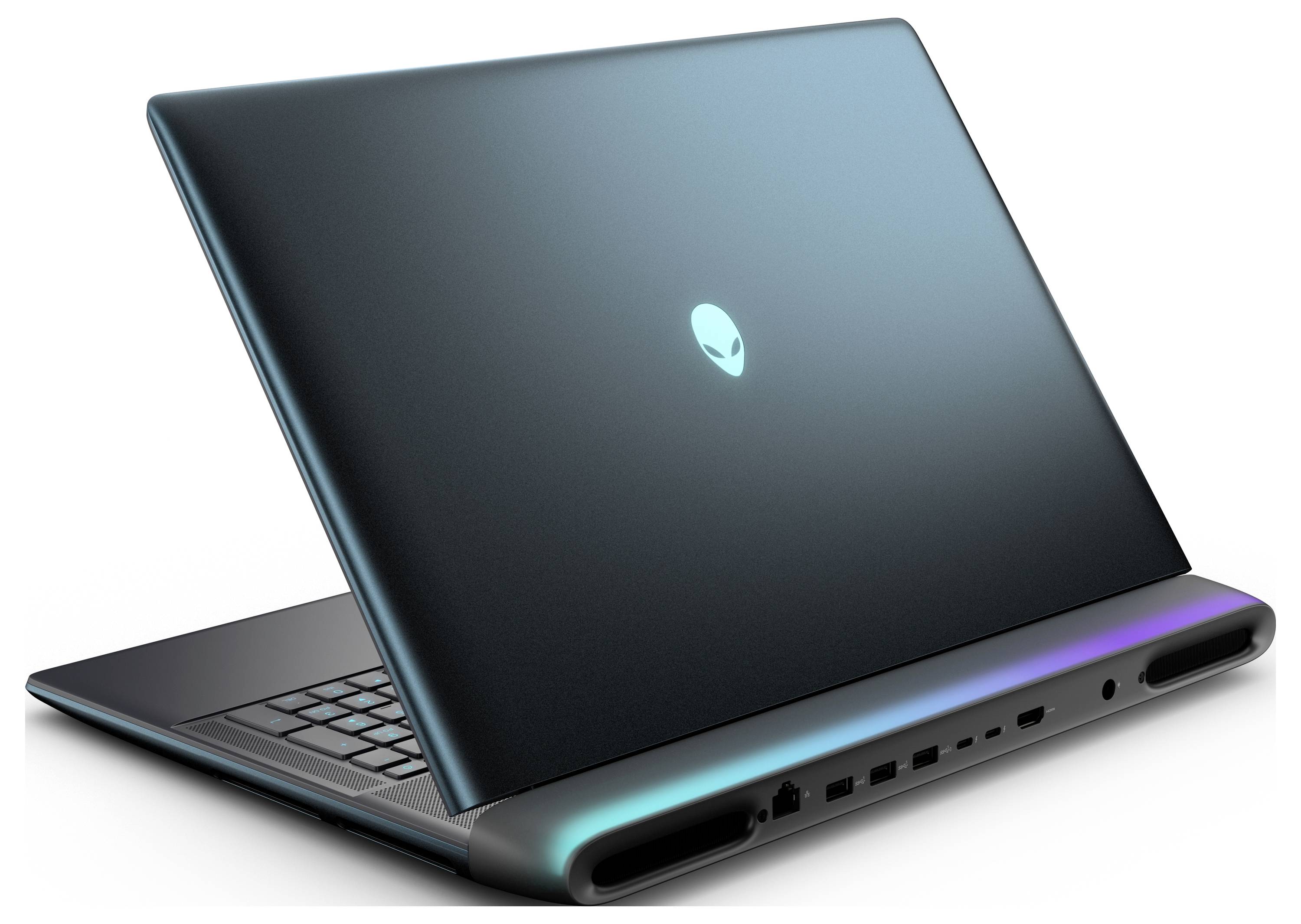 Geöffneter Laptop mit Alien-Logo auf dem Display, das ein elegantes Design und sichtbare Anschlüsse auf der linken Seite zur Konnektivität hervorhebt.