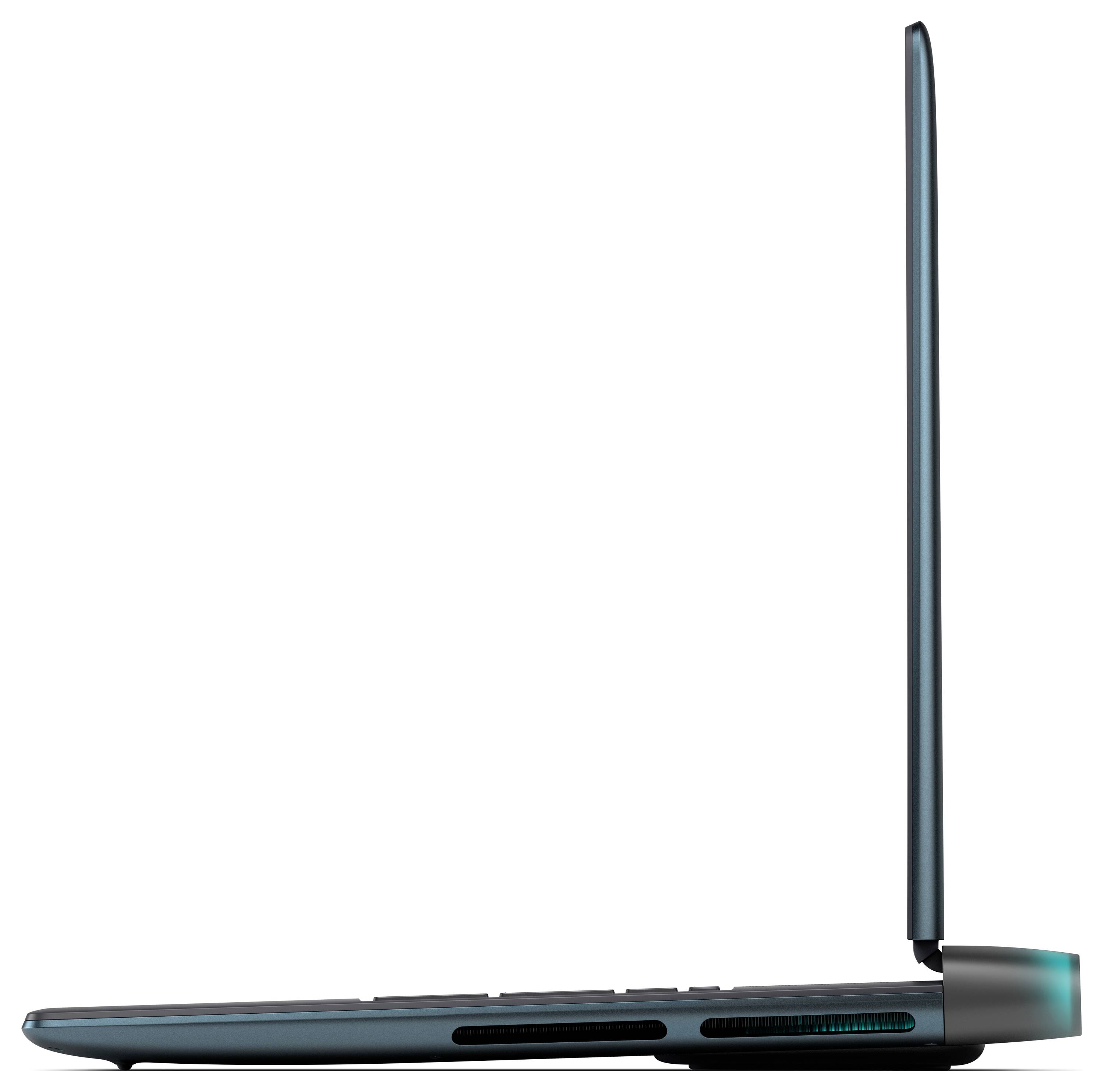 Schlanker Laptop in der Seitenansicht, der sein elegantes und dünnes Design zeigt, vollständig in einem 90-Grad-Winkel geöffnet.