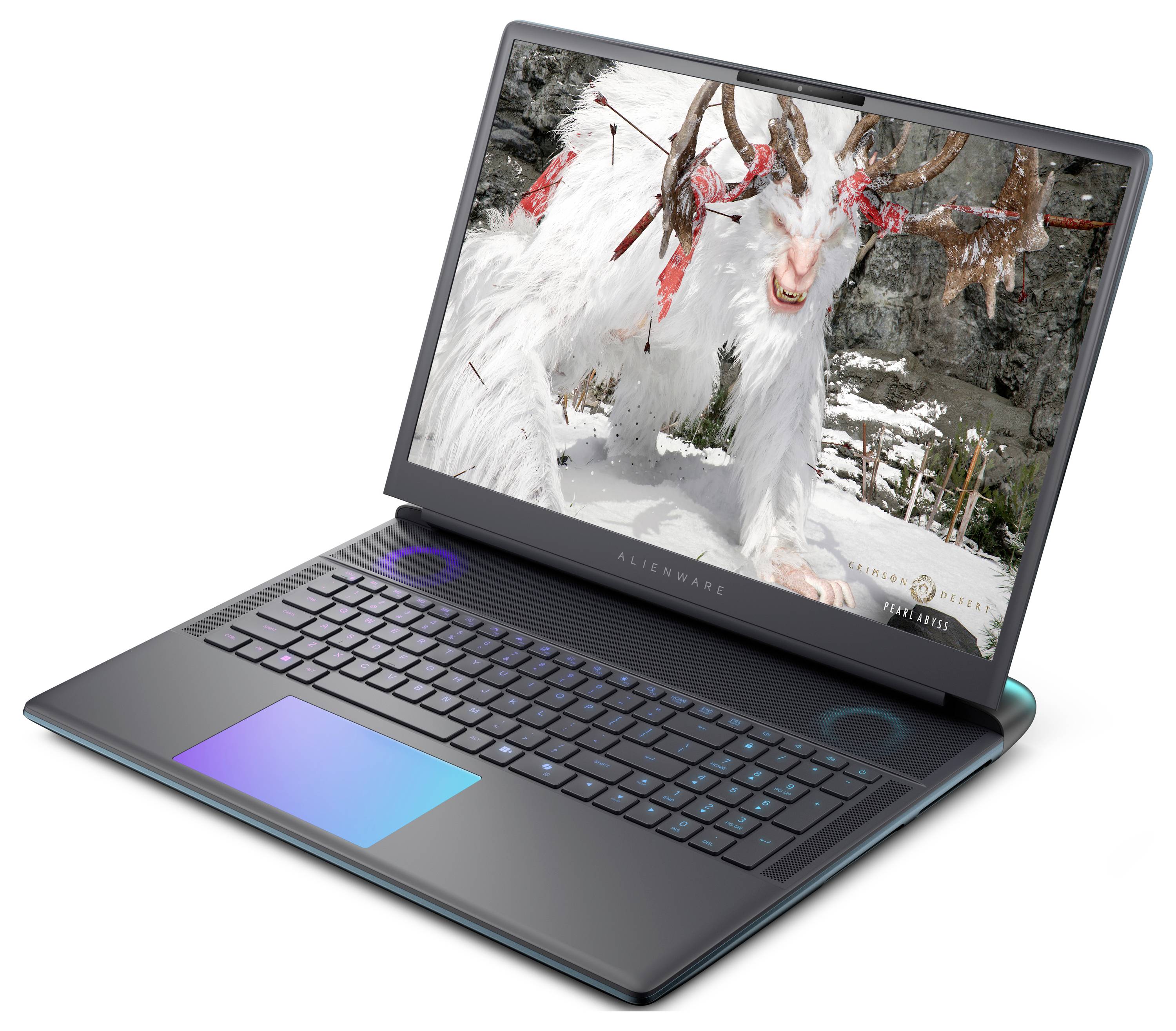 Ein Laptop zeigt ein Fantasy-Videospiel mit einer schneebedeckten Kreatur mit Geweih und roten Verzierungen in einer winterlichen Landschaft.