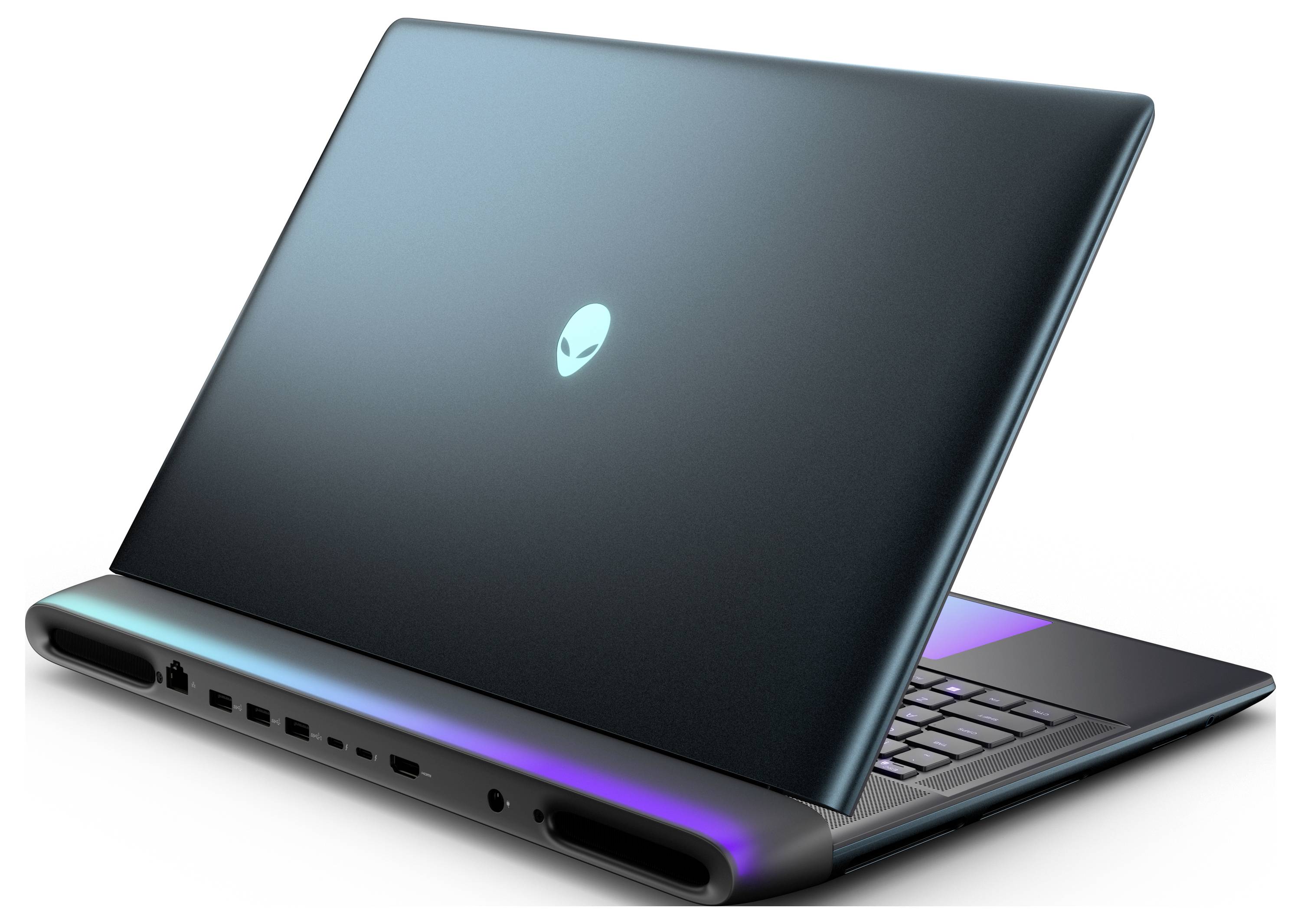 Ein Laptop mit schlankem Design, leuchtendem Alien-Logo auf der Rückseite und sichtbarem hinteren Panel, das verschiedene Anschlüsse und RGB-Beleuchtung zeigt.