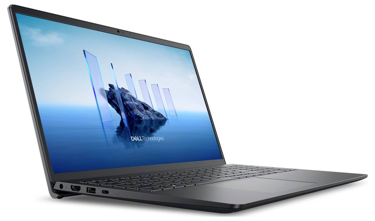 # German TranslationEin offenes Dell-Laptop mit einem Bildschirm, der ein blaues ozeanisches abstraktes Bild anzeigt. Markenlogo sichtbar unterhalb des Bildschirms.