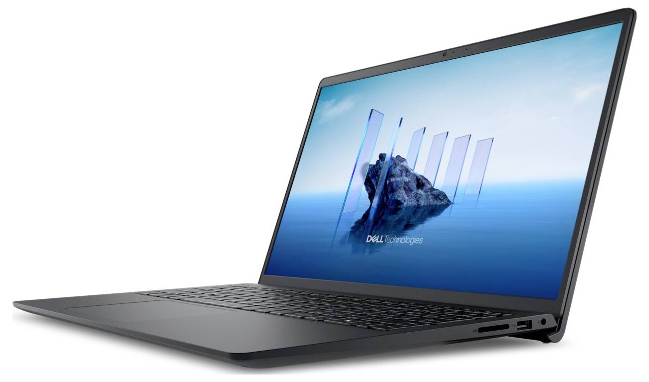 Ein schlanker, schwarzer Laptop in schräger Perspektive, auf dessen Bildschirm eine ruhige Meeresszene mit einer Felsengruppe und dem Logo 