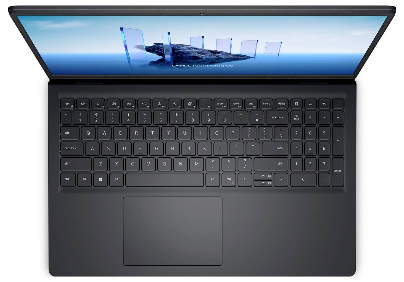 Draufsicht auf einen geöffneten Laptop mit schwarzer Tastatur und einem Bildschirm, der abstrakte blaue geometrische Formen vor einem Wasserhintergrund anzeigt.