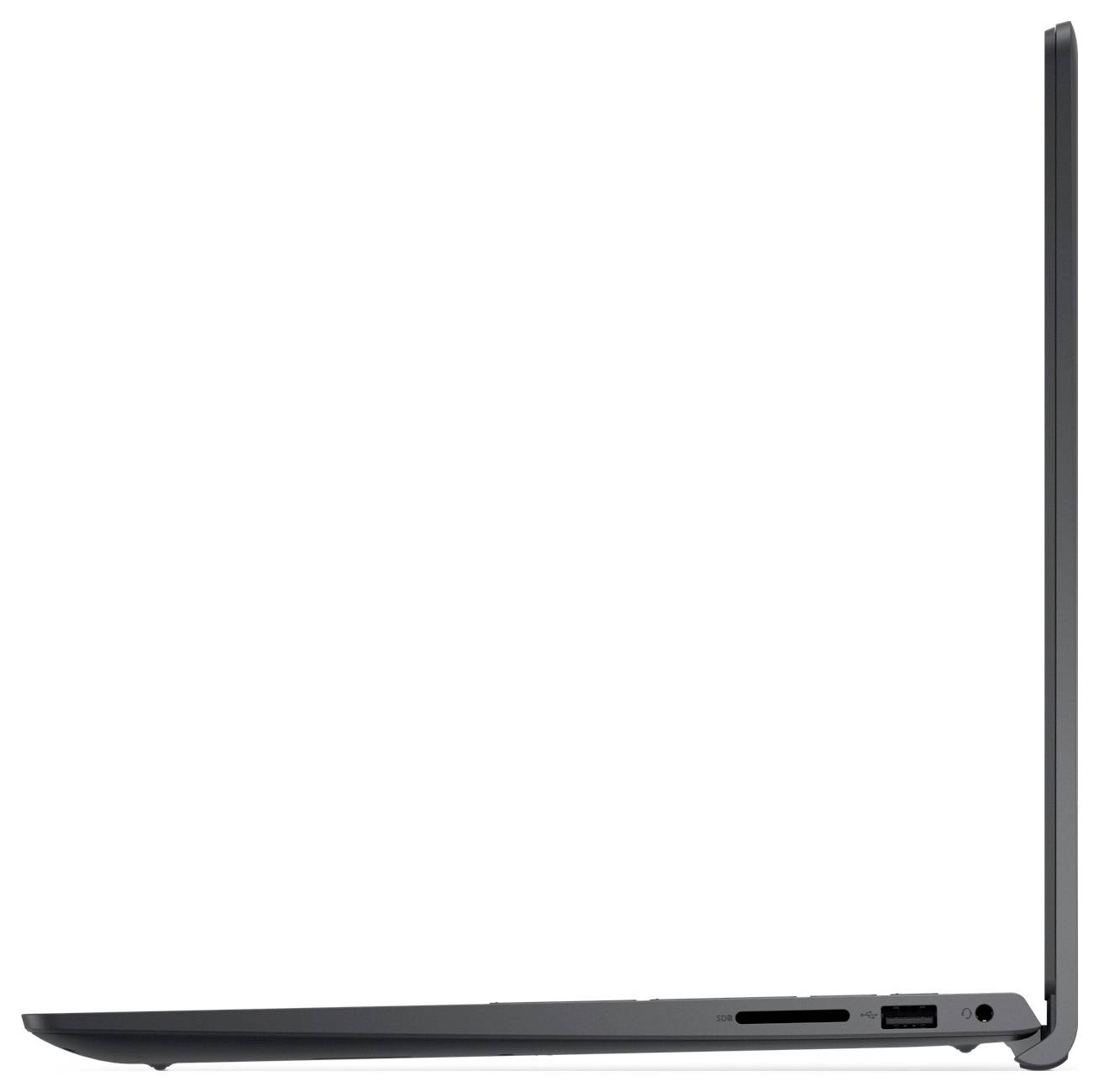 Seitenansicht eines schlanken, offenen Laptops, teilweise von links sichtbar, zeigt Anschlüsse, ein elegantes Design und eine minimalistische graue Farbe.