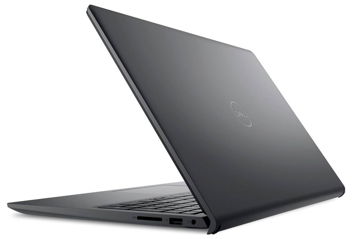 Ein schlanker, offener Laptop aus einem Winkel betrachtet, der sein dünnes Design und die dunkle Oberfläche zeigt. Das Markenlogo ist auf der Rückseite sichtbar.