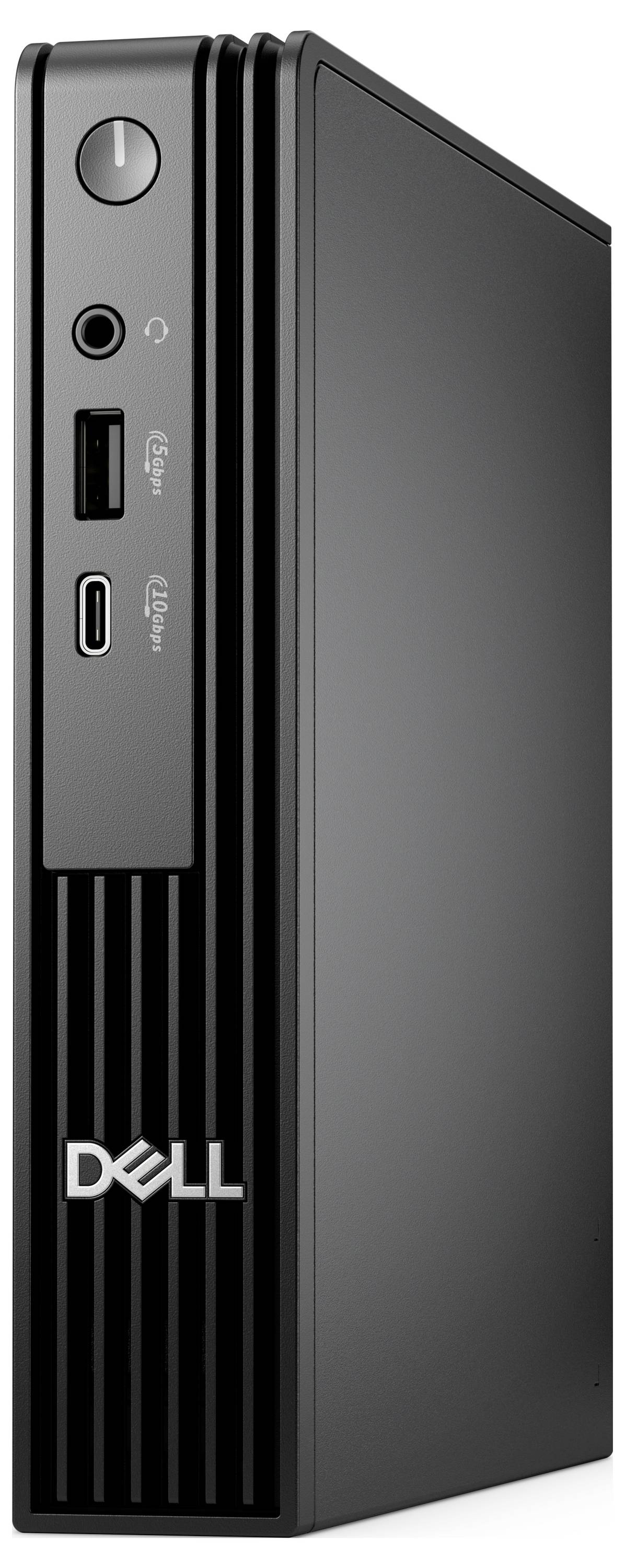 Ein kleiner, schwarzer Desktop-Computer von Dell mit USB- und Audioanschlüssen auf der Frontplatte, konzipiert für kompakte Nutzung und Effizienz.