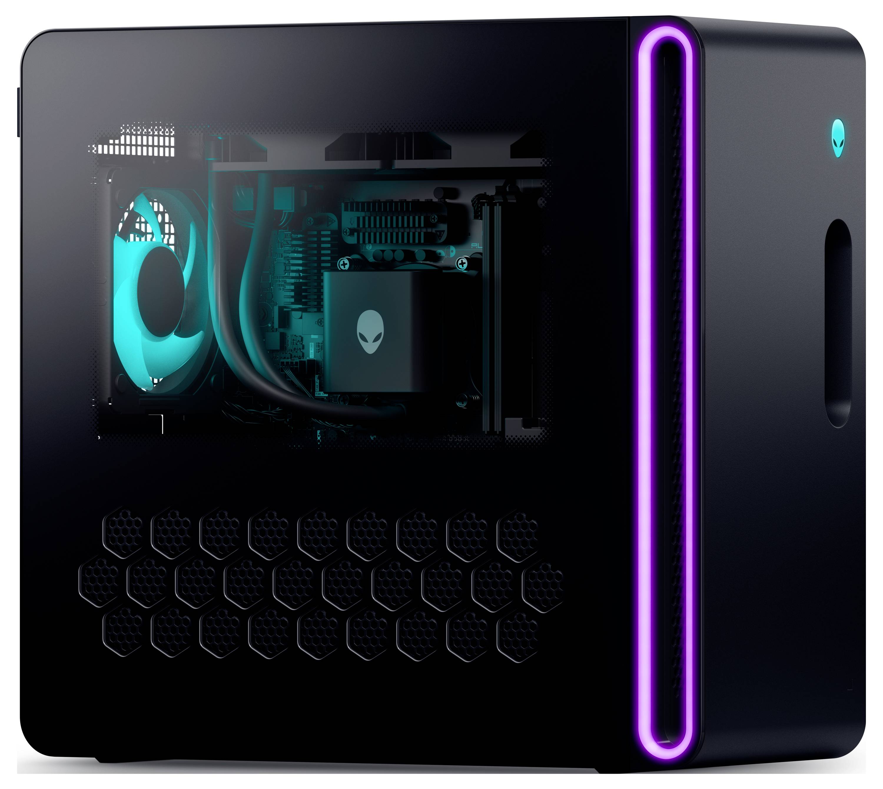 Ein kompakter schwarzer Gaming-PC mit sichtbaren internen Komponenten, ausgestattet mit einem leuchtenden blauen Lüfter und Akzenten sowie einem vertikalen rosa LED-Streifen.