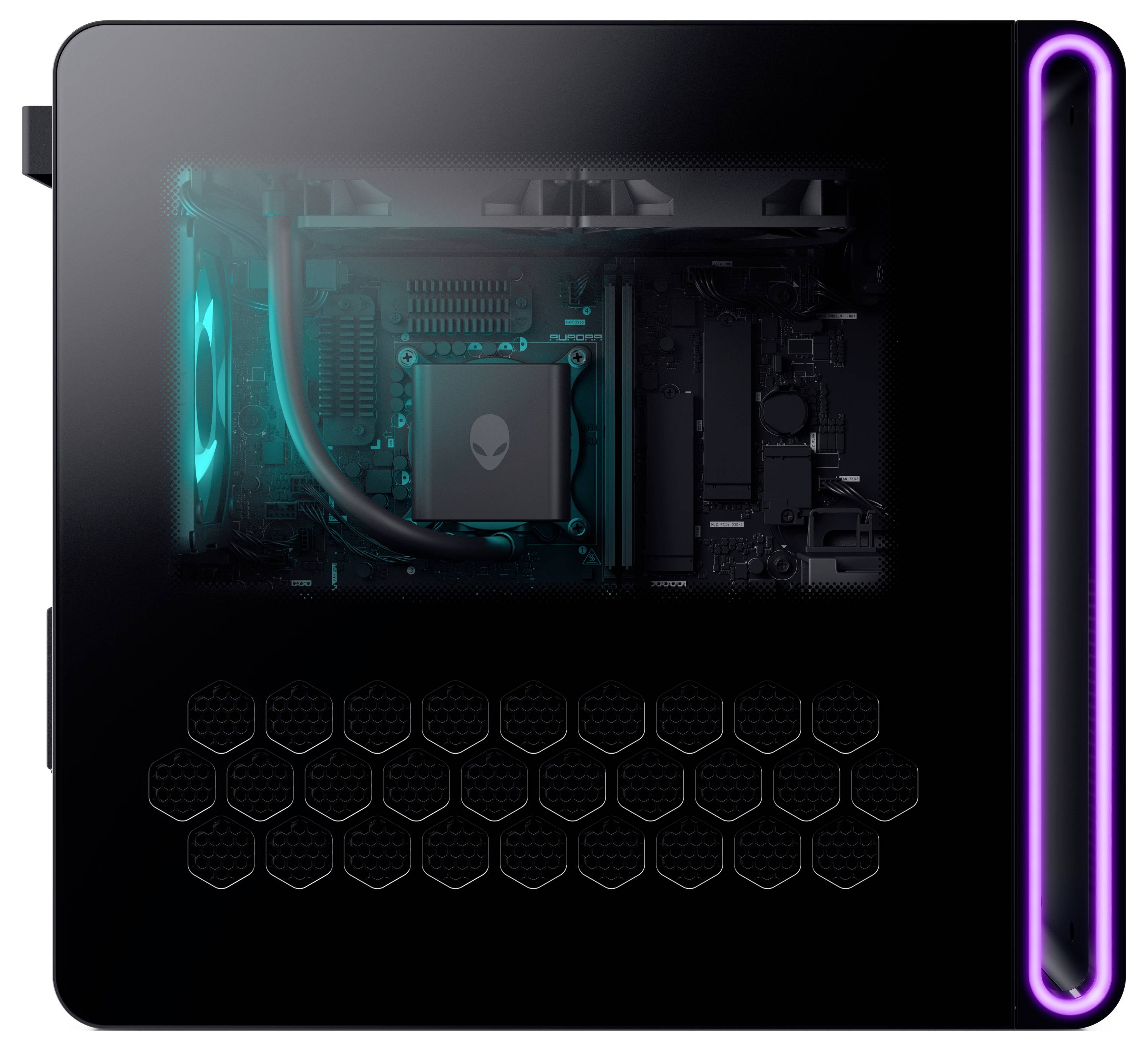 Eine durchsichtige Seitenansicht eines Gaming-Computergehäuses mit sichtbaren internen Komponenten, hervorgehoben durch blaue und violette LED-Beleuchtung.
