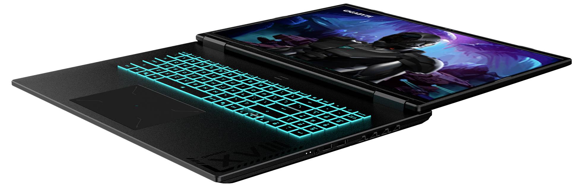 Ein eleganter Gaming-Laptop mit geöffnetem Bildschirm, der einen futuristischen Spielcharakter anzeigt. Die Tastatur ist mit türkisfarbenem Licht hinterleuchtet.