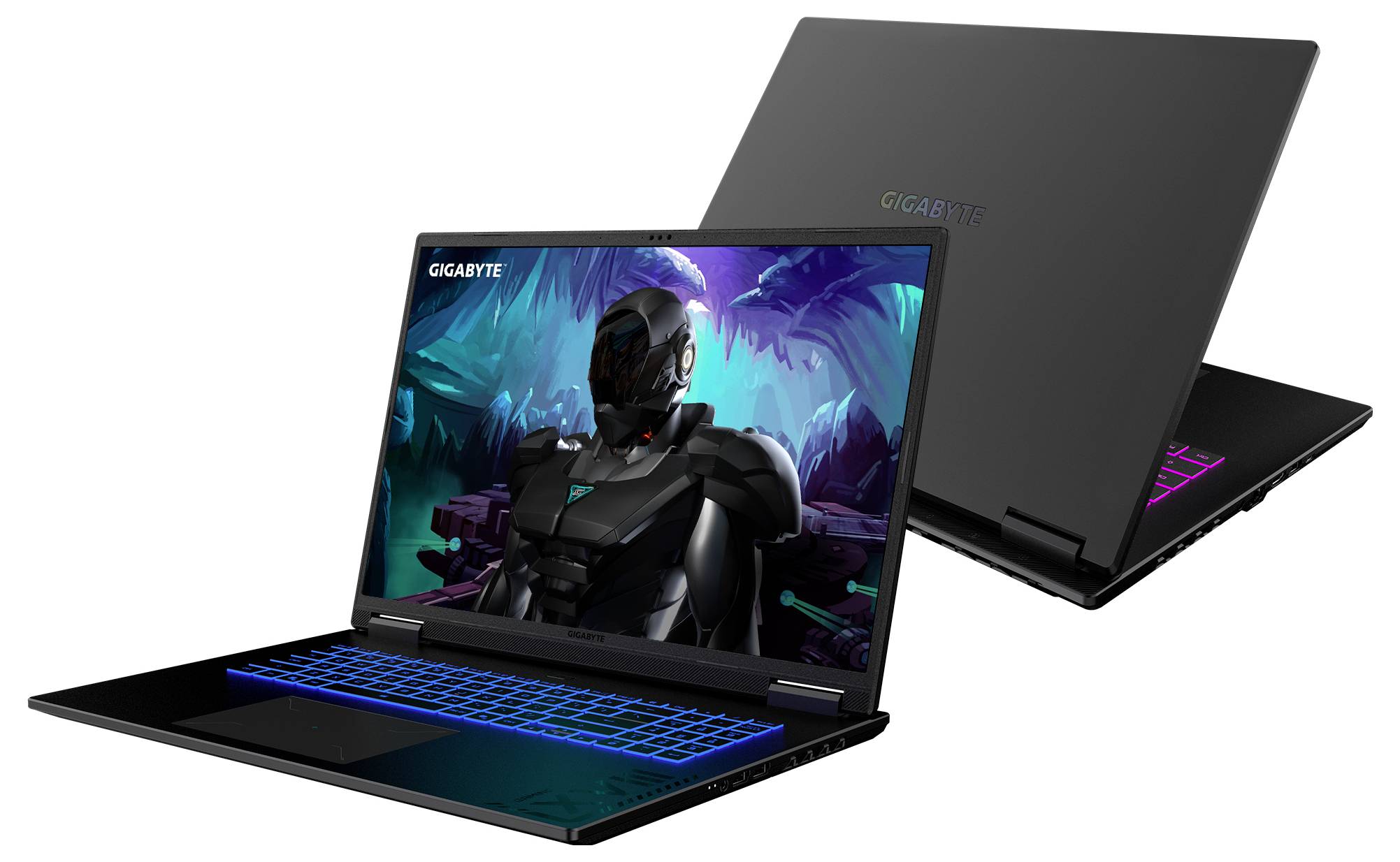 „Zwei schwarze Laptops; einer offen mit einer futuristischen Szene mit einem Roboter auf dem Display, der andere geschlossen, wobei das Design hervorgehoben wird. Markenname auf dem Bildschirm.