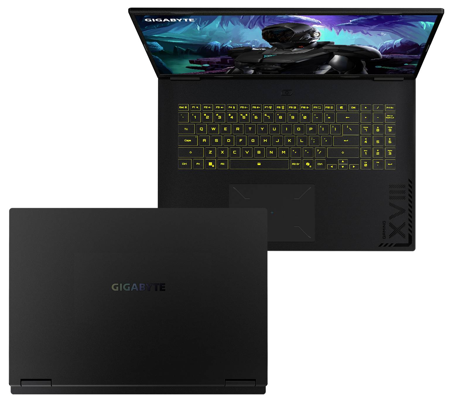 Ein schwarzer Gaming-Laptop von Gigabyte, gezeigt aufgeklappt mit einer futuristischen Spielszene auf dem Bildschirm und leuchtender gelb beleuchteter Tastatur, sowie von oben in geschlossenem Zustand.