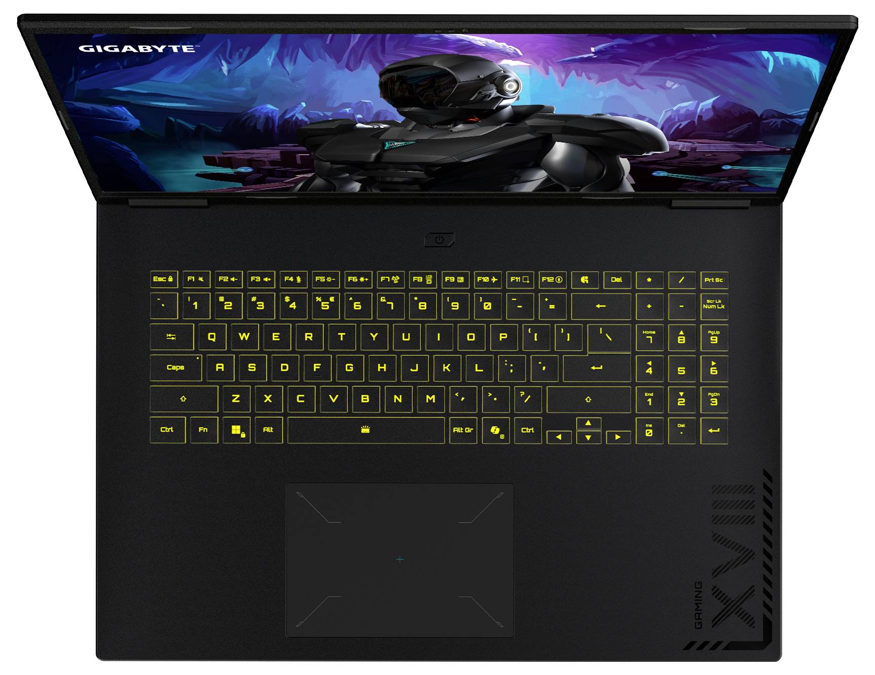 Laptop mit beleuchterter Tastatur, die gelb leuchtende Tasten zeigt. Der Bildschirm zeigt eine futuristische gepanzerte Figur in einer digitalen Landschaft.